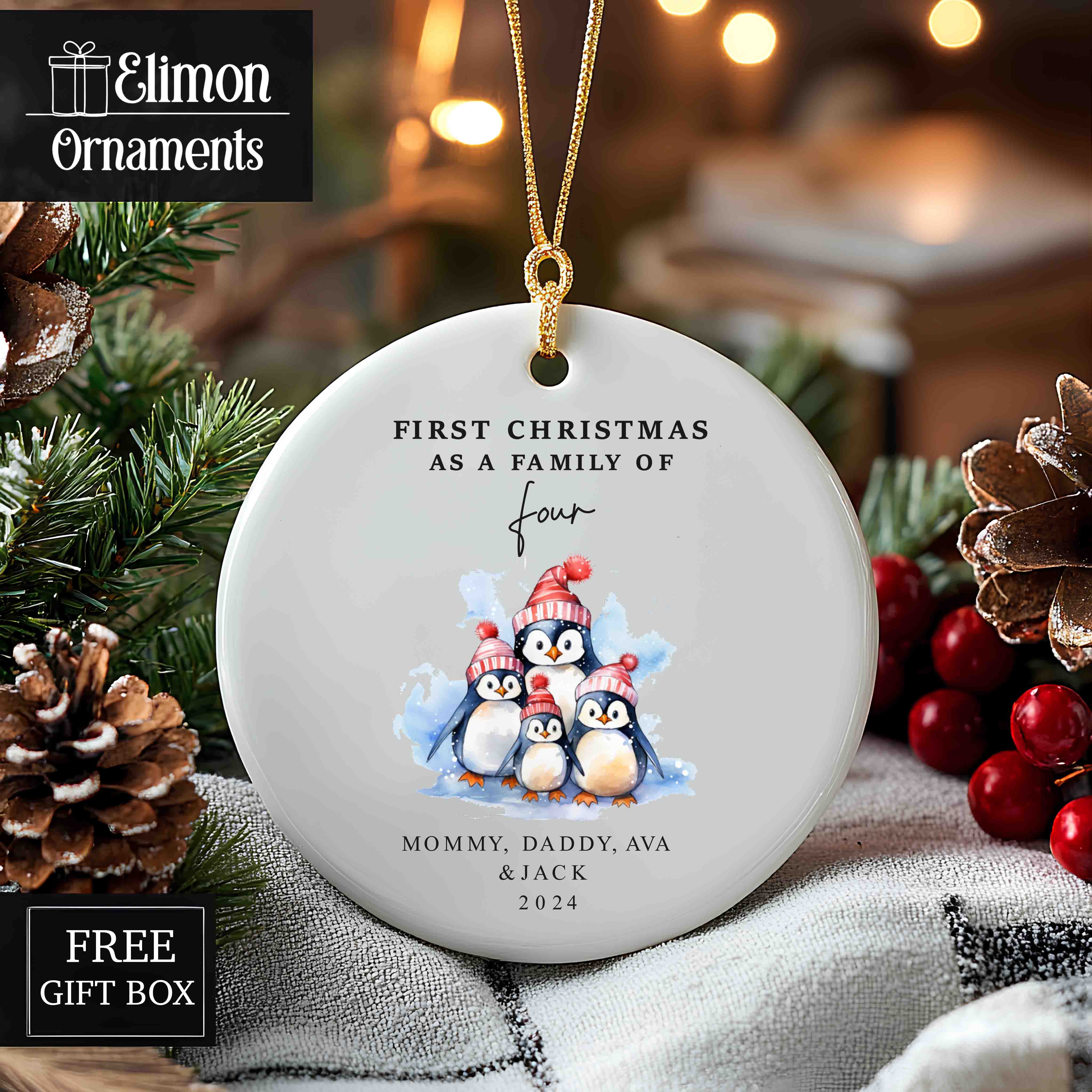 Family of Four Christmas Ornament - New Baby 2025 - Personalized Family Keepsake