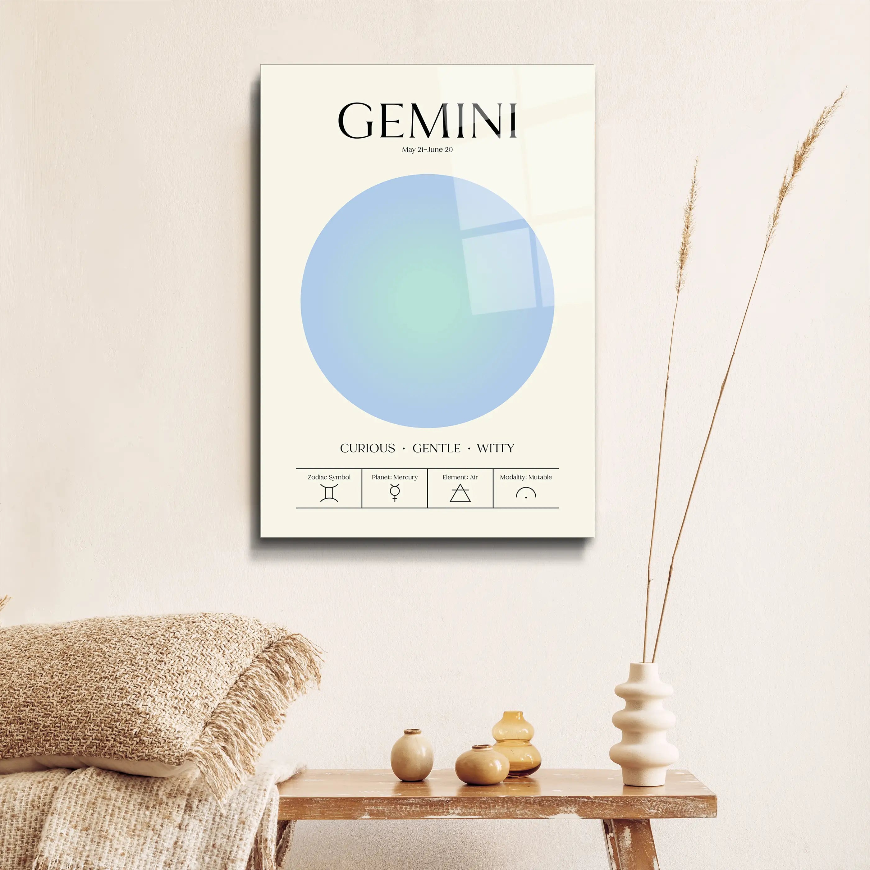 "Gemini Aura Energy" Glass Wall Art, Retro Zodiac