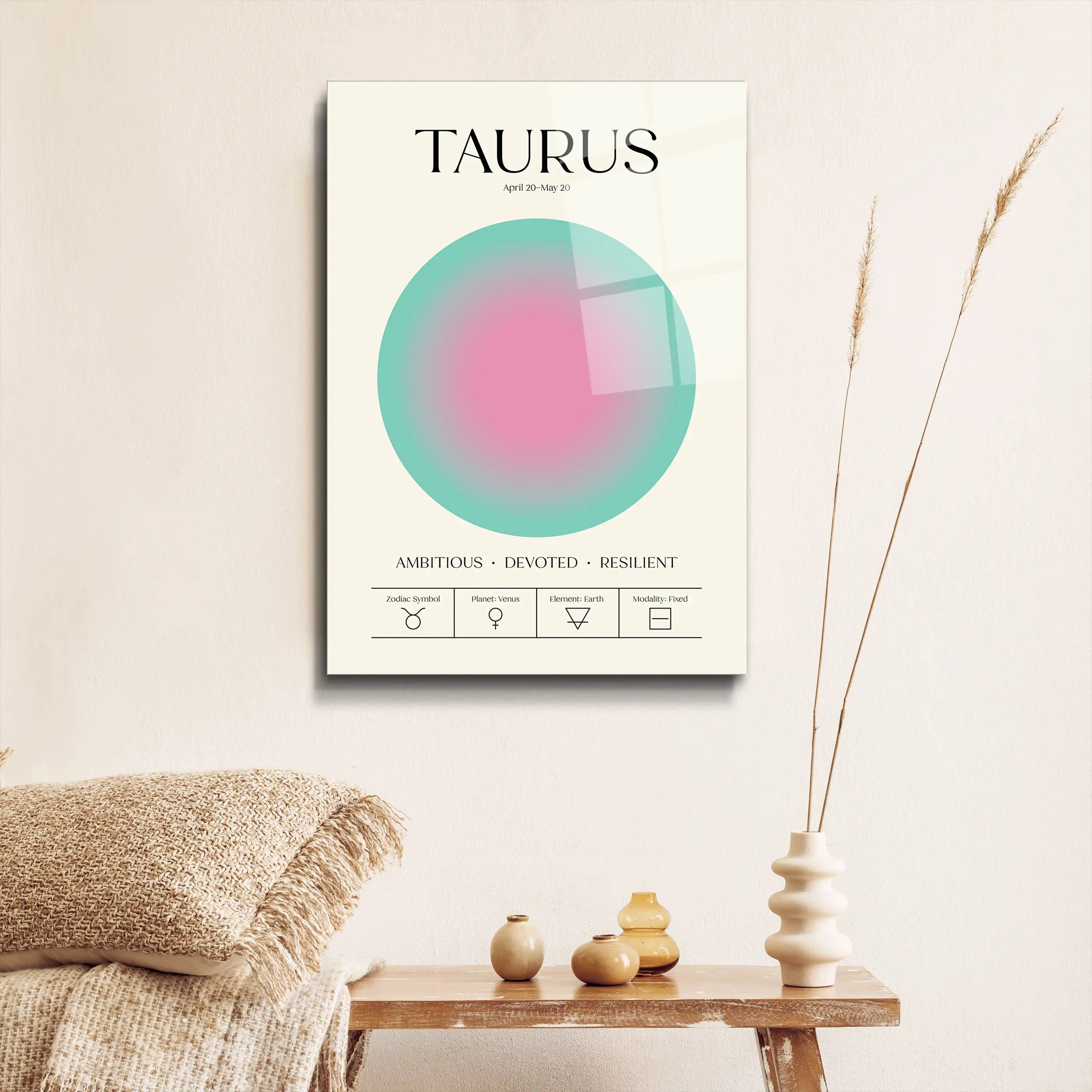 "Taurus Aura Energy" Glass Wall Art, Retro Zodiac