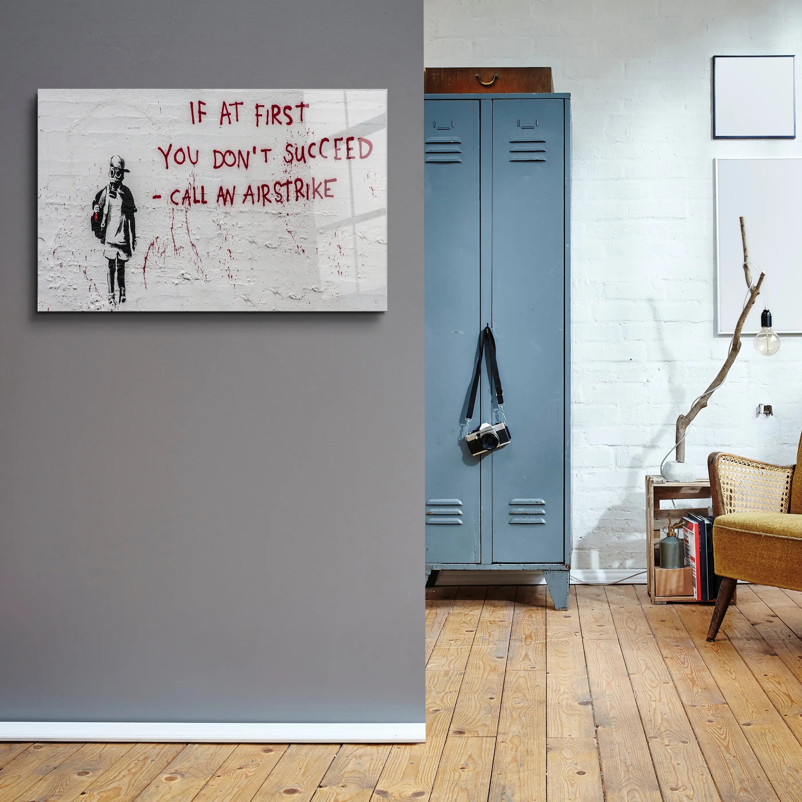 Banksy Call an Airstrike Glass Printing Wall Art