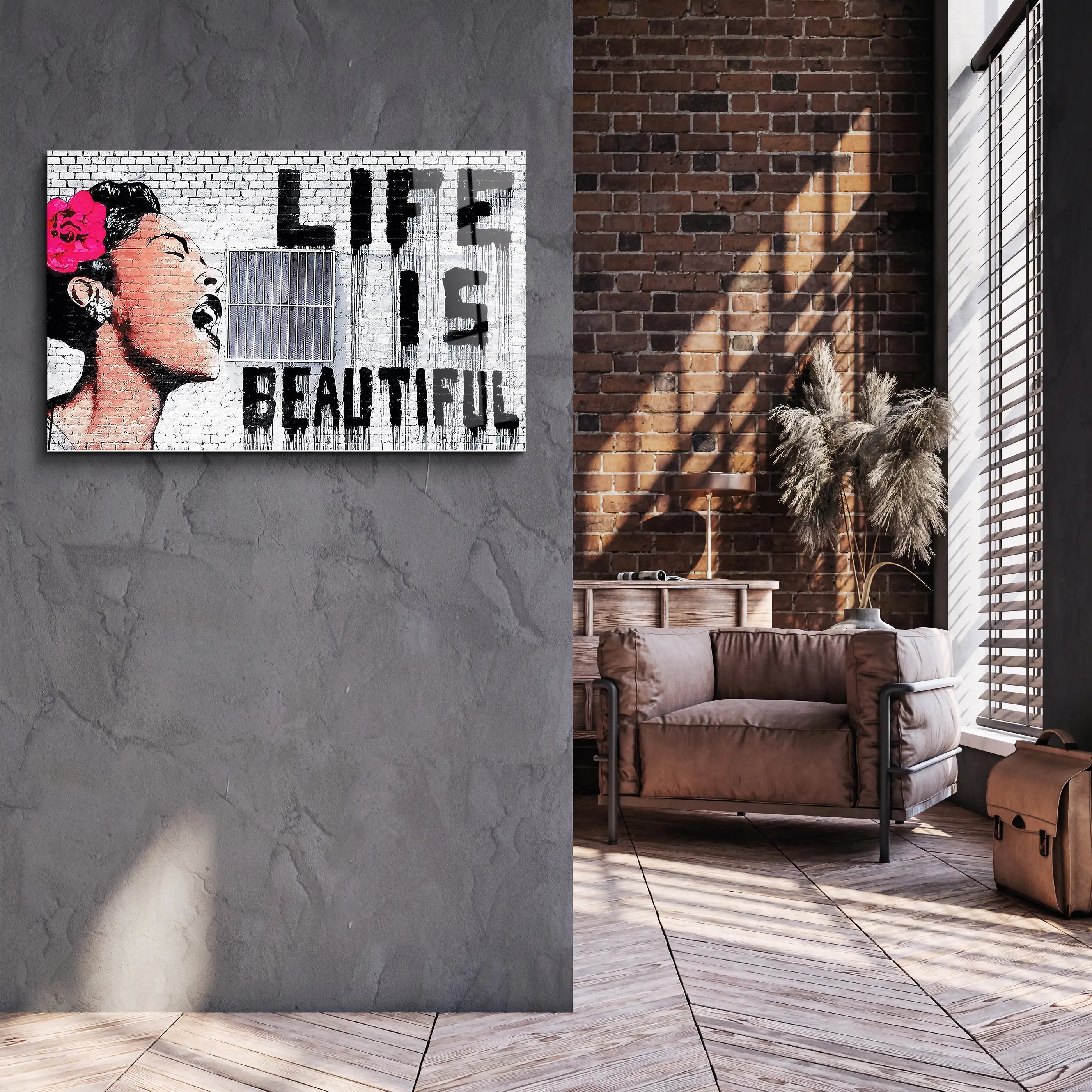 Banksy Life is Beautiful Glass Printing Wall Art