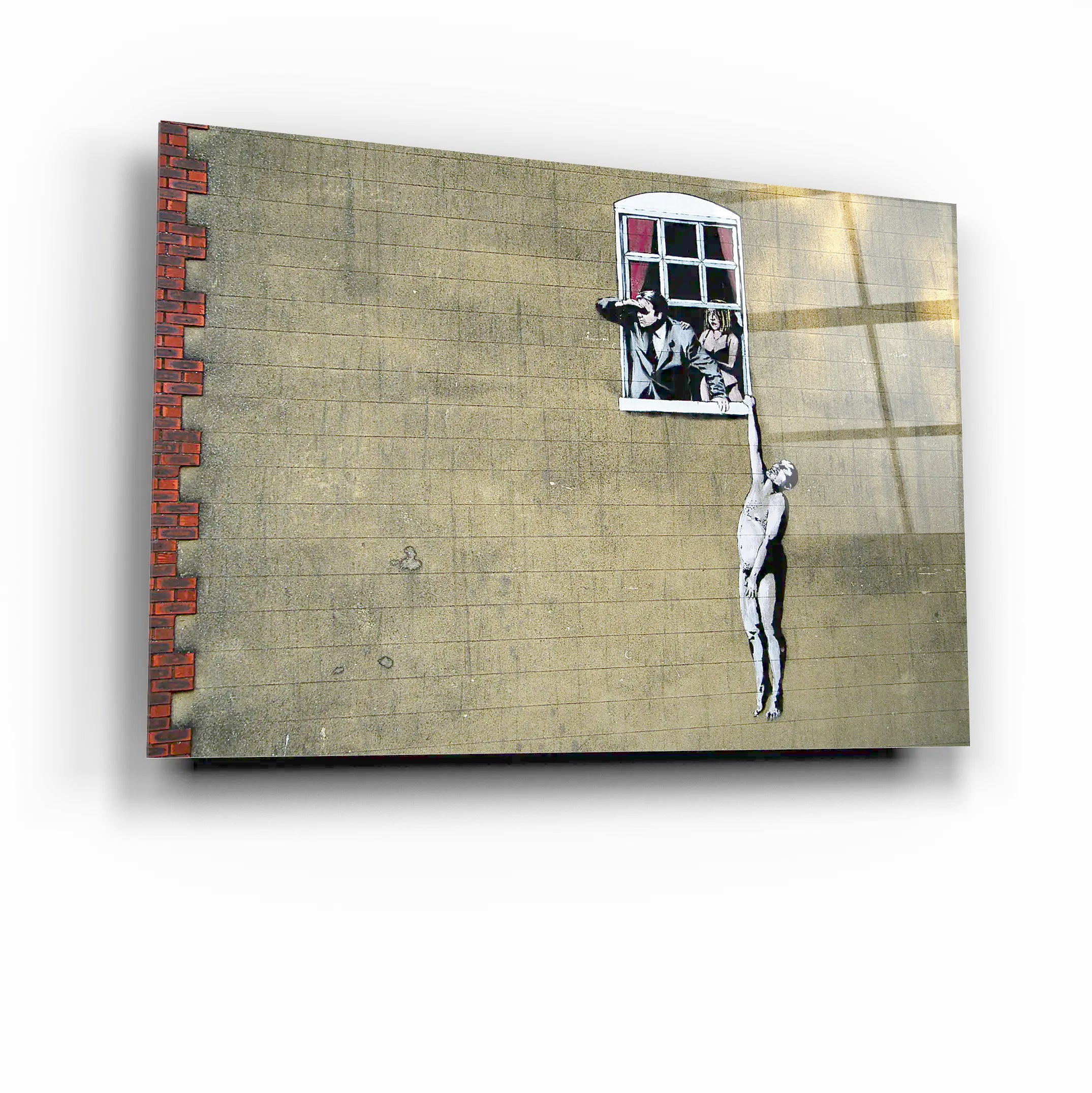Banksy Man hanging from a window Glass Printing Wall Art