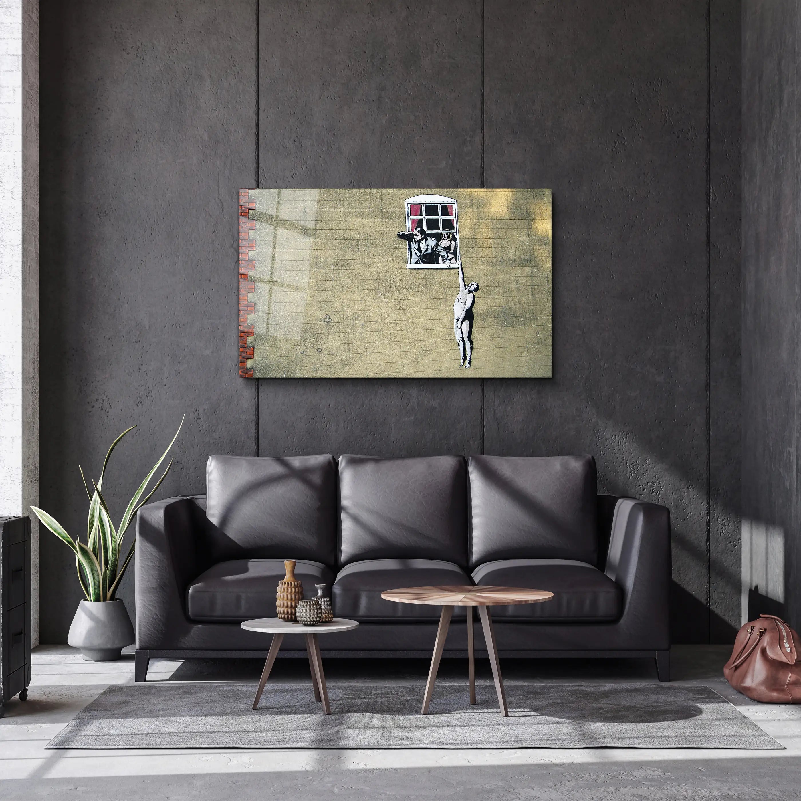 Banksy Man hanging from a window Glass Printing Wall Art