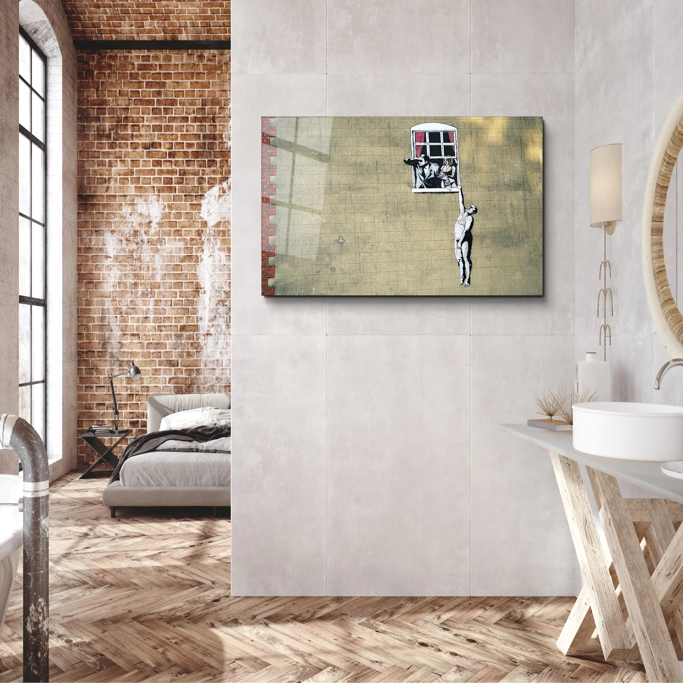 Banksy Man hanging from a window Glass Printing Wall Art