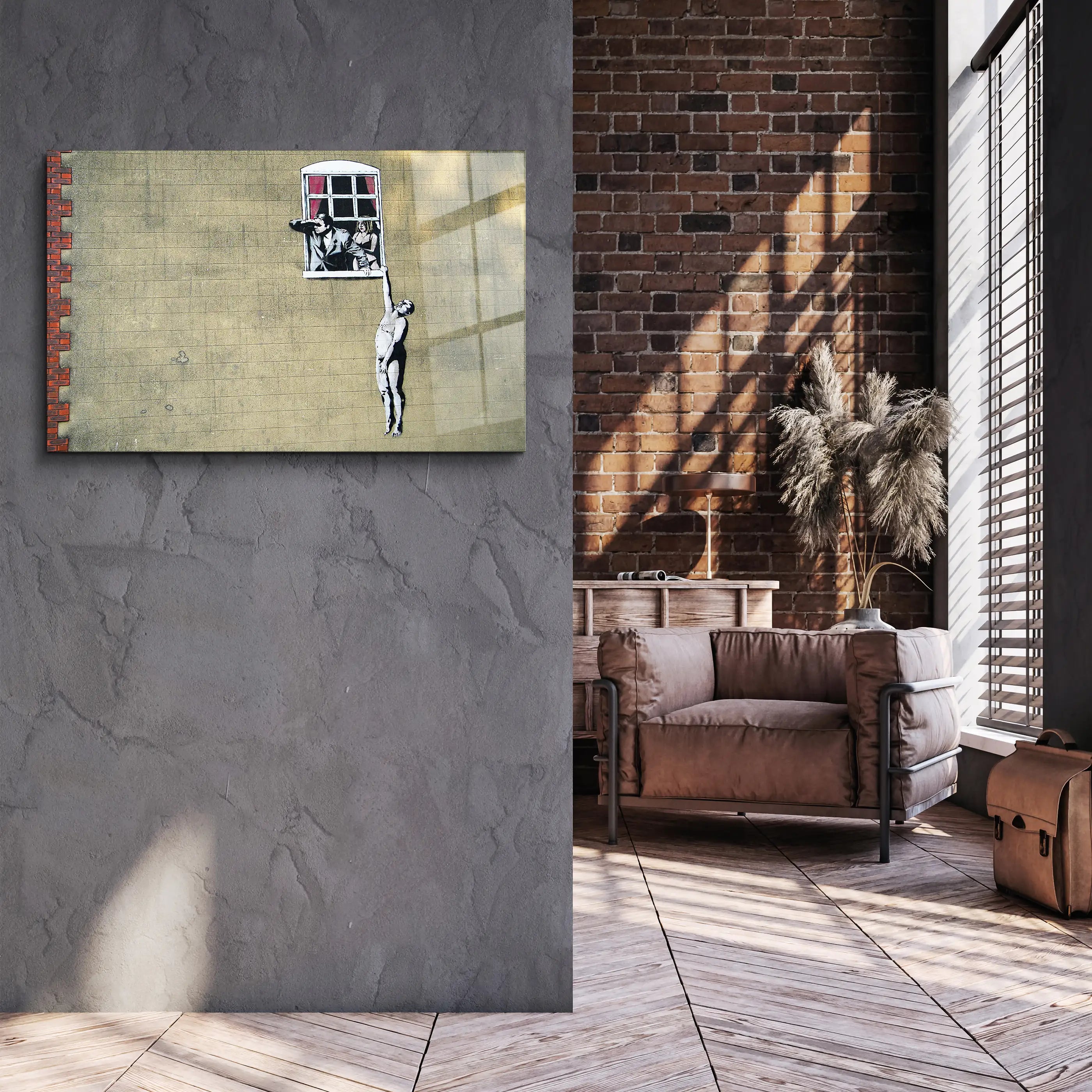 Banksy Man hanging from a window Glass Printing Wall Art