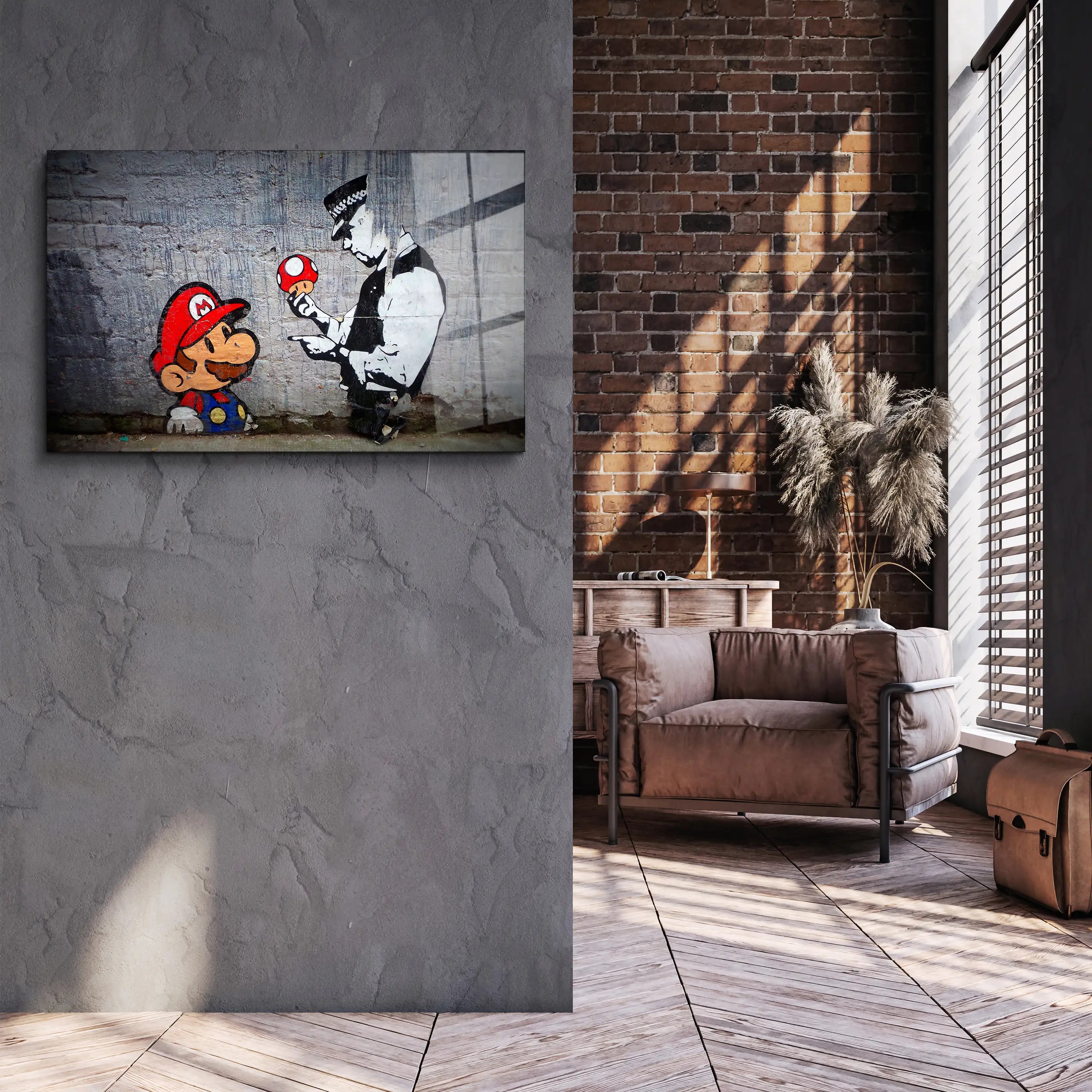 Banksy Mario with a Policeman 01 Glass Printing Wall Art