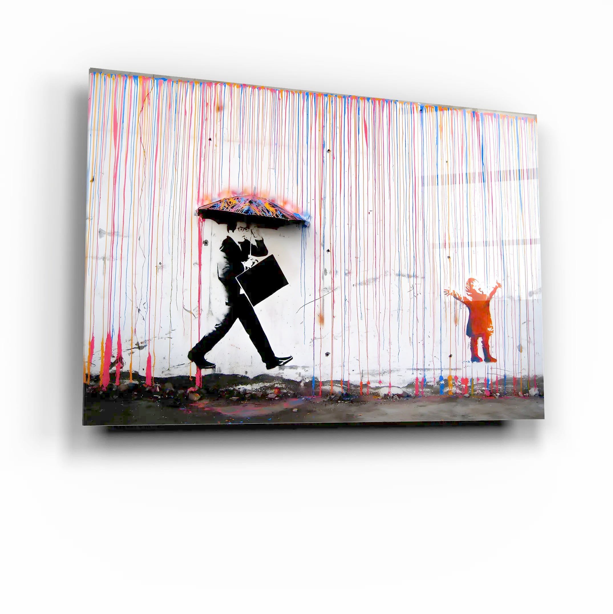 Banksy Umbrella Man Glass Wall Art