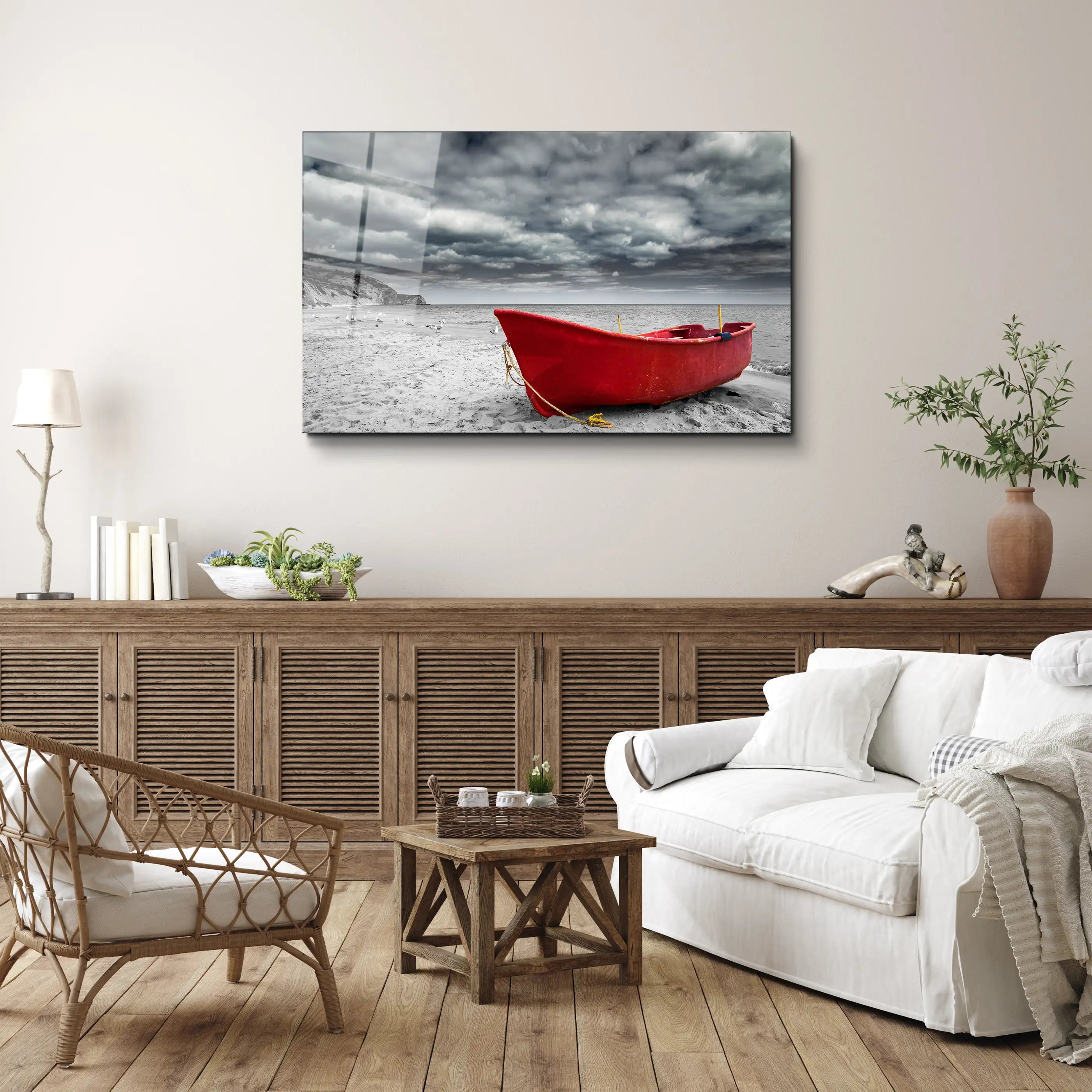 Boat on the Beach Surreal Sky Glass Wall Art