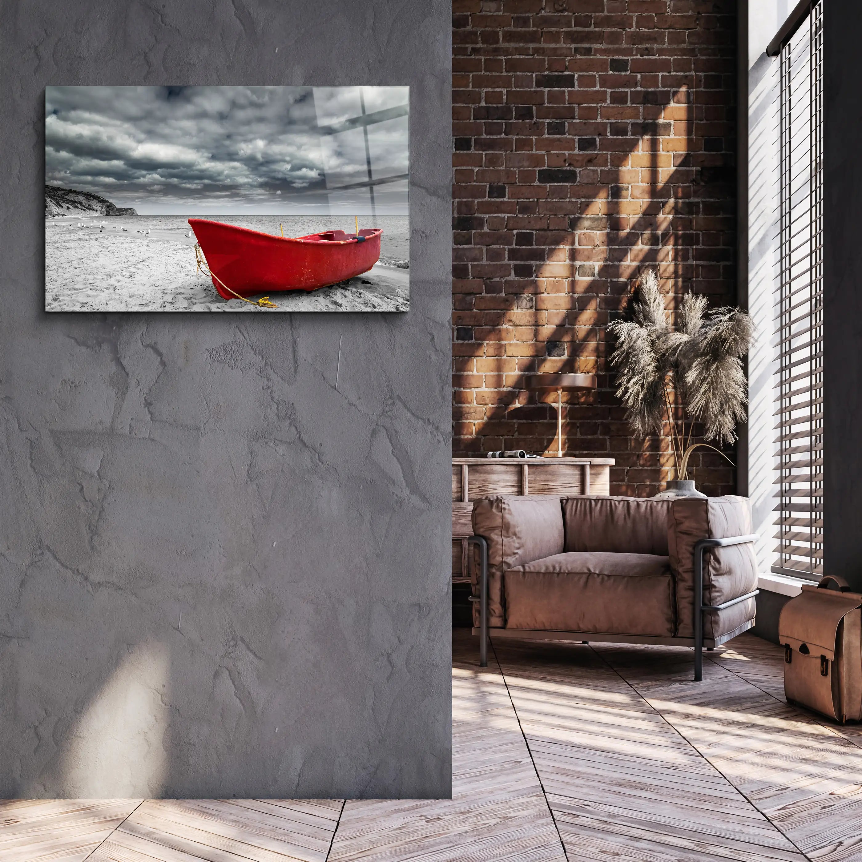 Boat on the Beach Surreal Sky Glass Wall Art