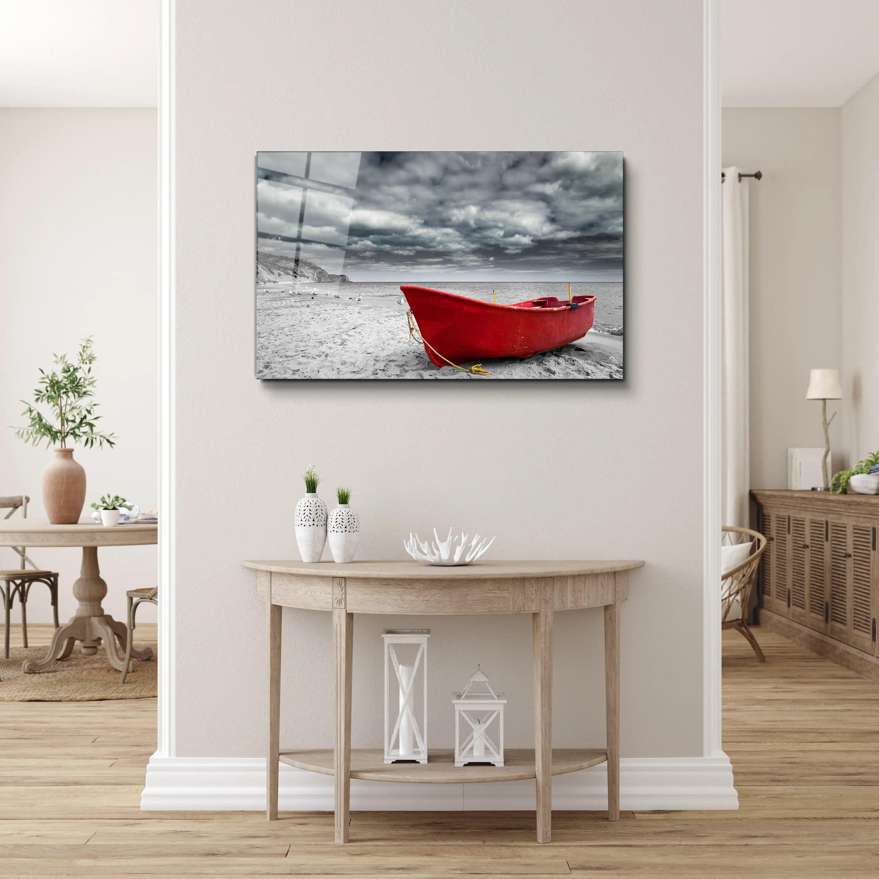 Boat on the Beach Surreal Sky Glass Wall Art