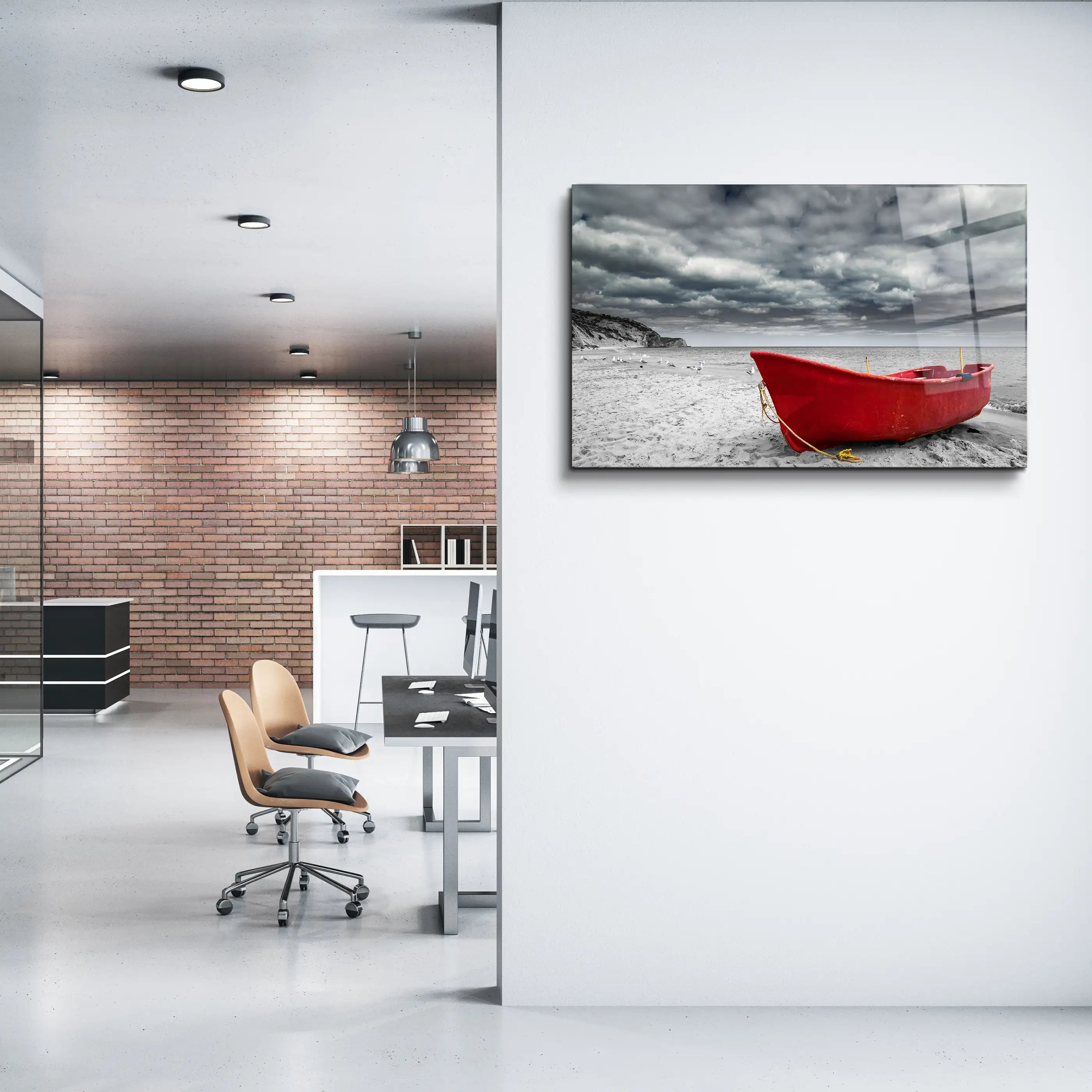 Boat on the Beach Surreal Sky Glass Wall Art