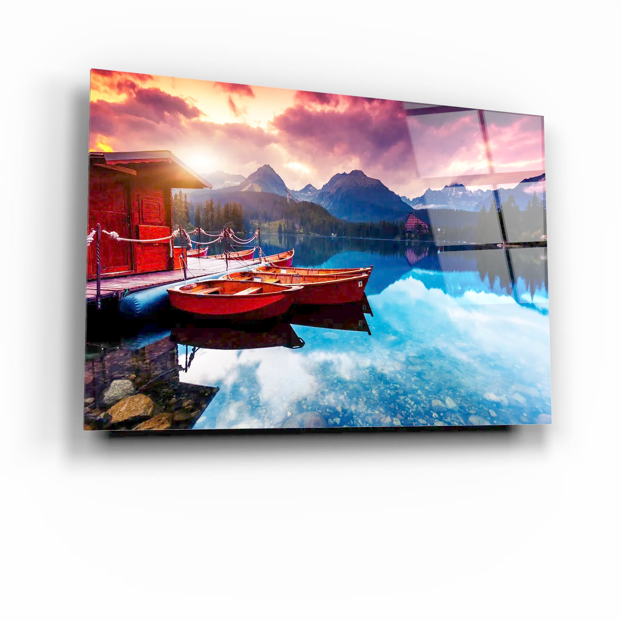 Sunrise Nature Lake Mountain Scenery Glass Wall Art, Picture Made of Glass