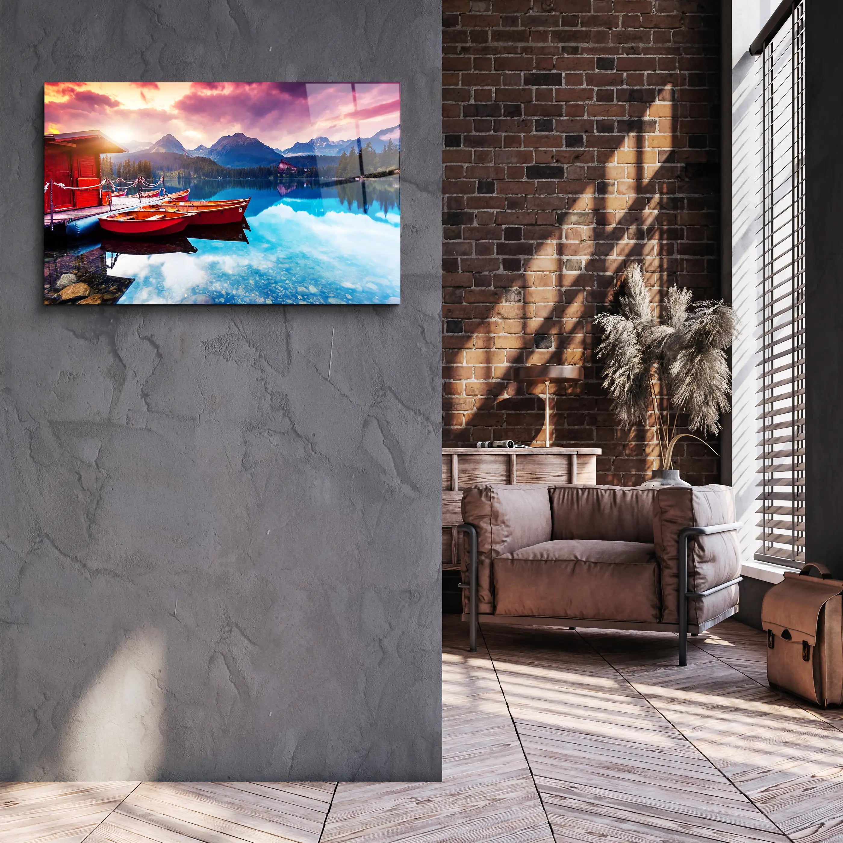 Sunrise Nature Lake Mountain Scenery Glass Wall Art, Picture Made of Glass