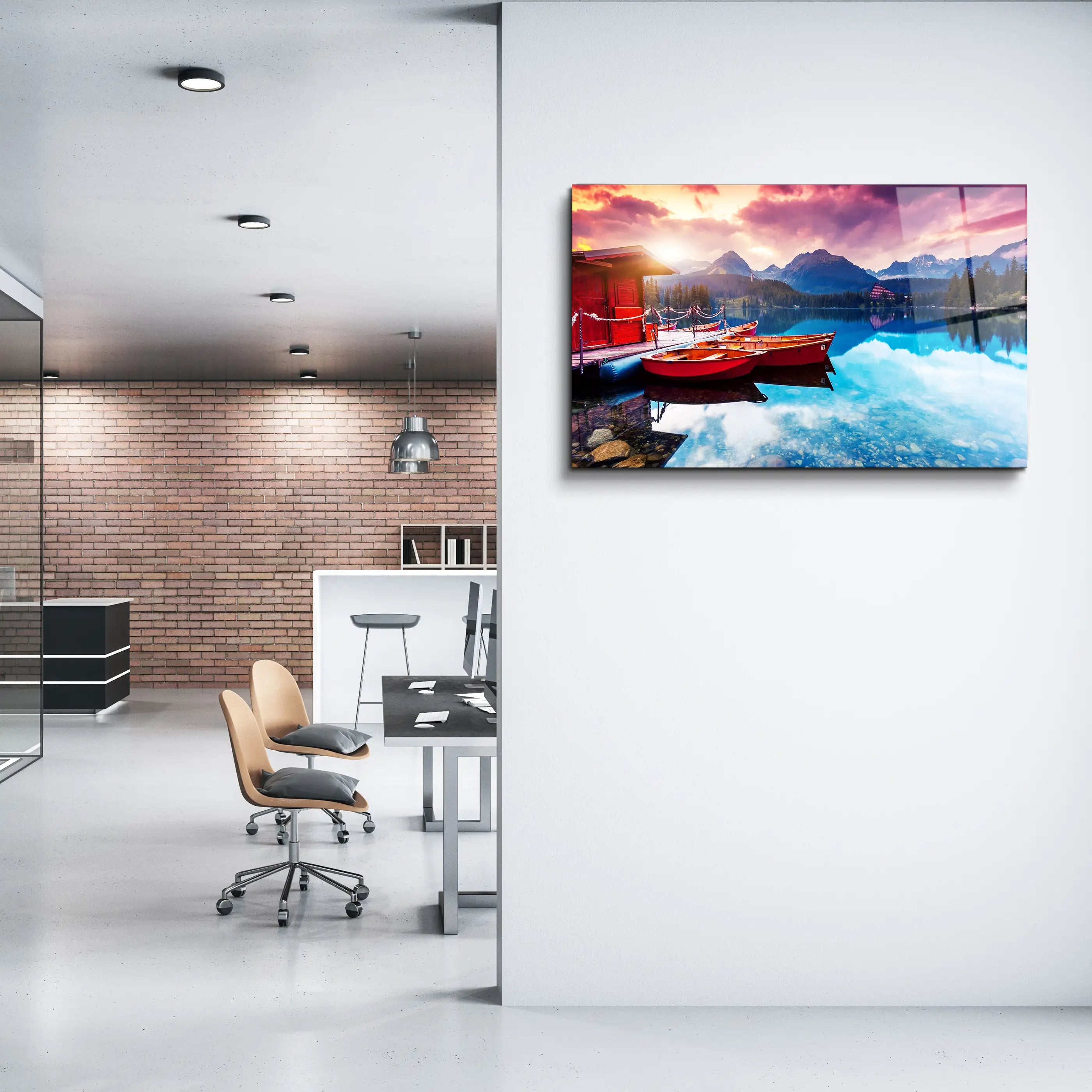 Sunrise Nature Lake Mountain Scenery Glass Wall Art, Picture Made of Glass