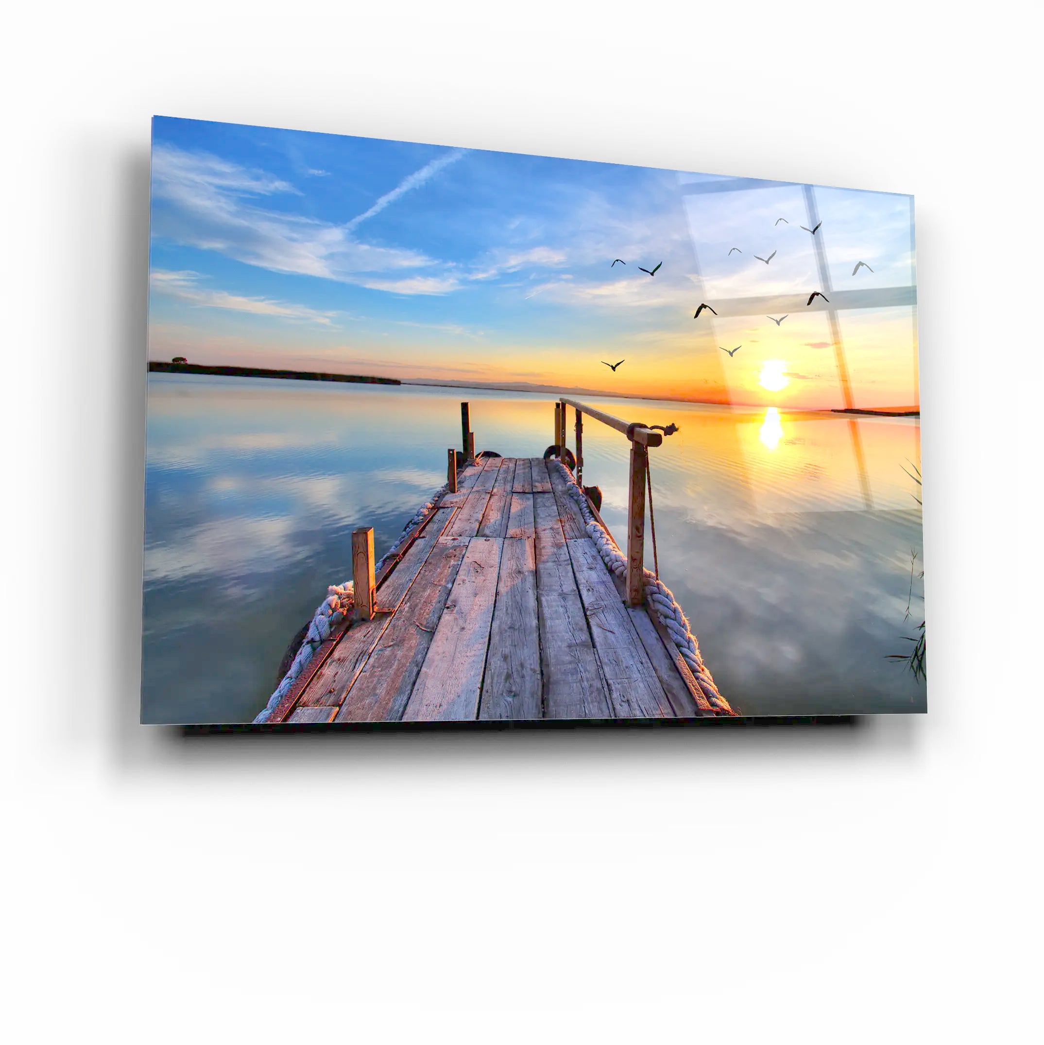 Sunrise Shining at a Pier Glass Wall Art, Picture Made of Glass