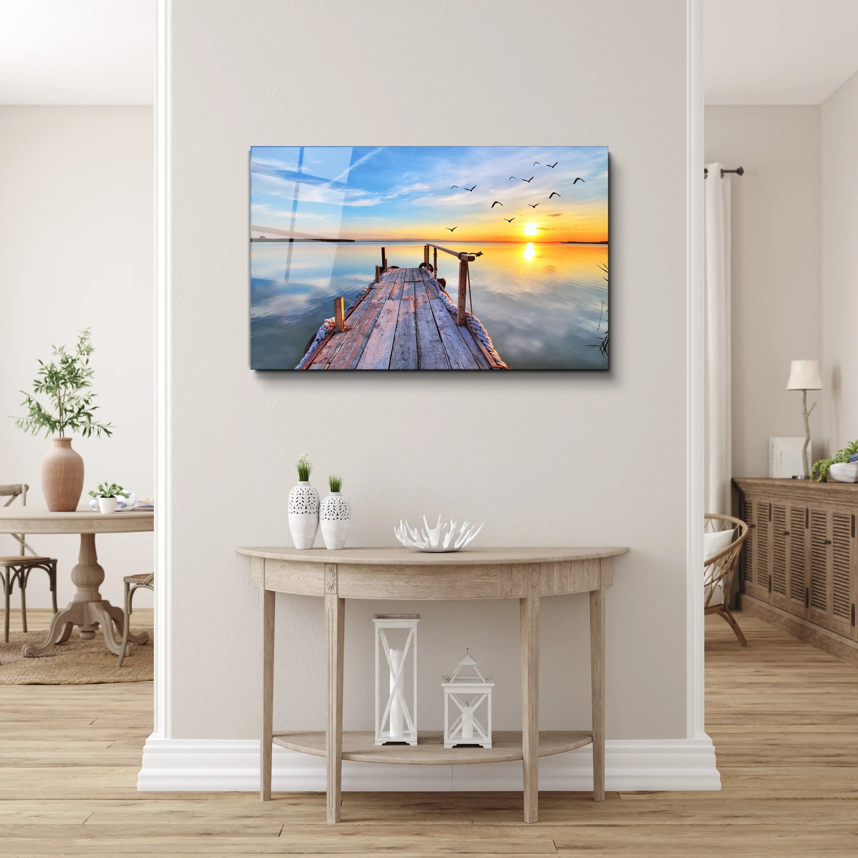 Sunrise Shining at a Pier Glass Wall Art, Picture Made of Glass