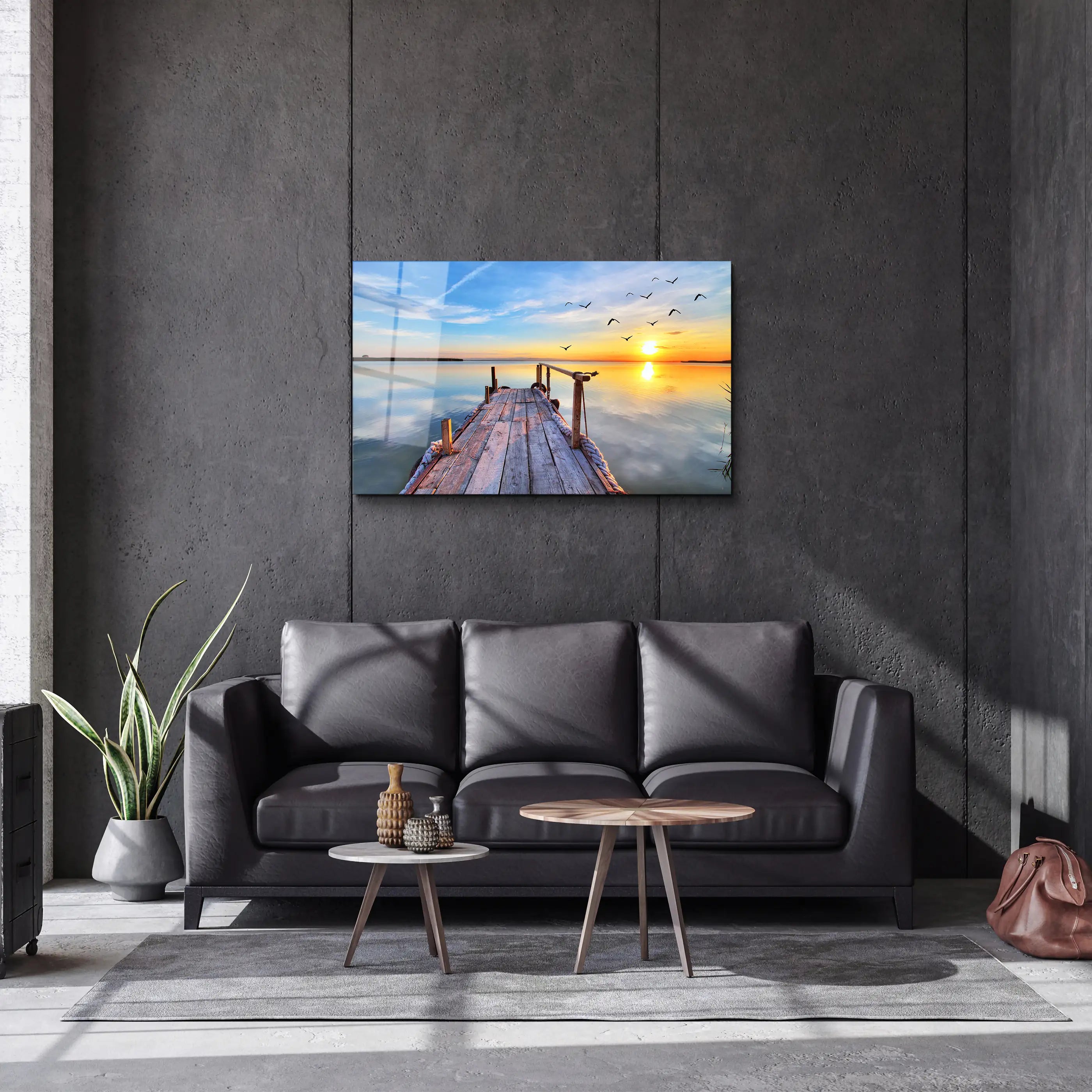 Sunrise Shining at a Pier Glass Wall Art, Picture Made of Glass
