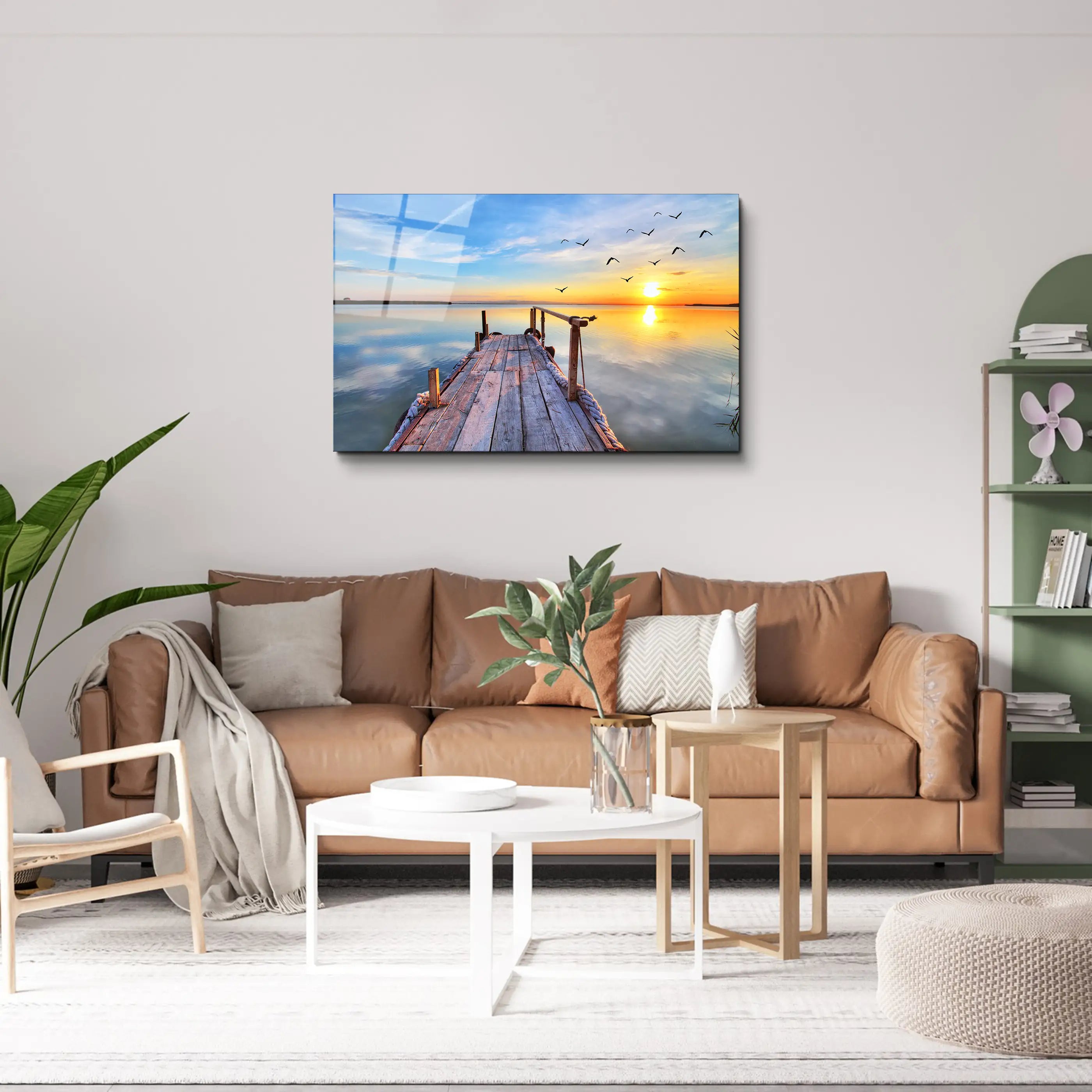 Sunrise Shining at a Pier Glass Wall Art, Picture Made of Glass