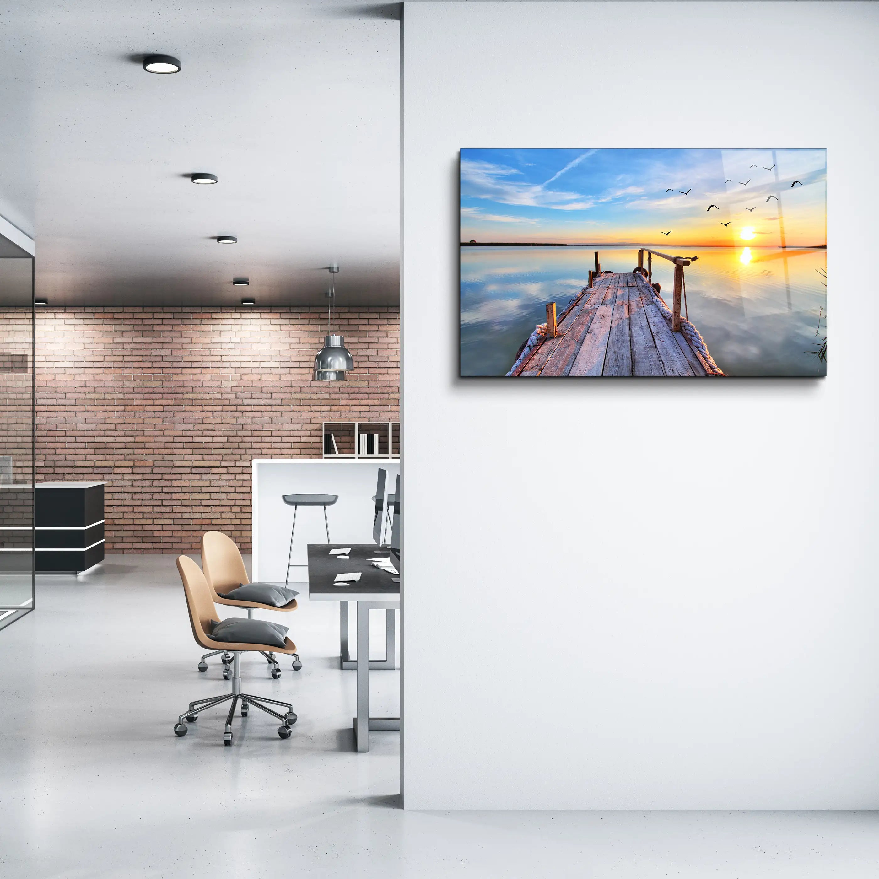 Sunrise Shining at a Pier Glass Wall Art, Picture Made of Glass