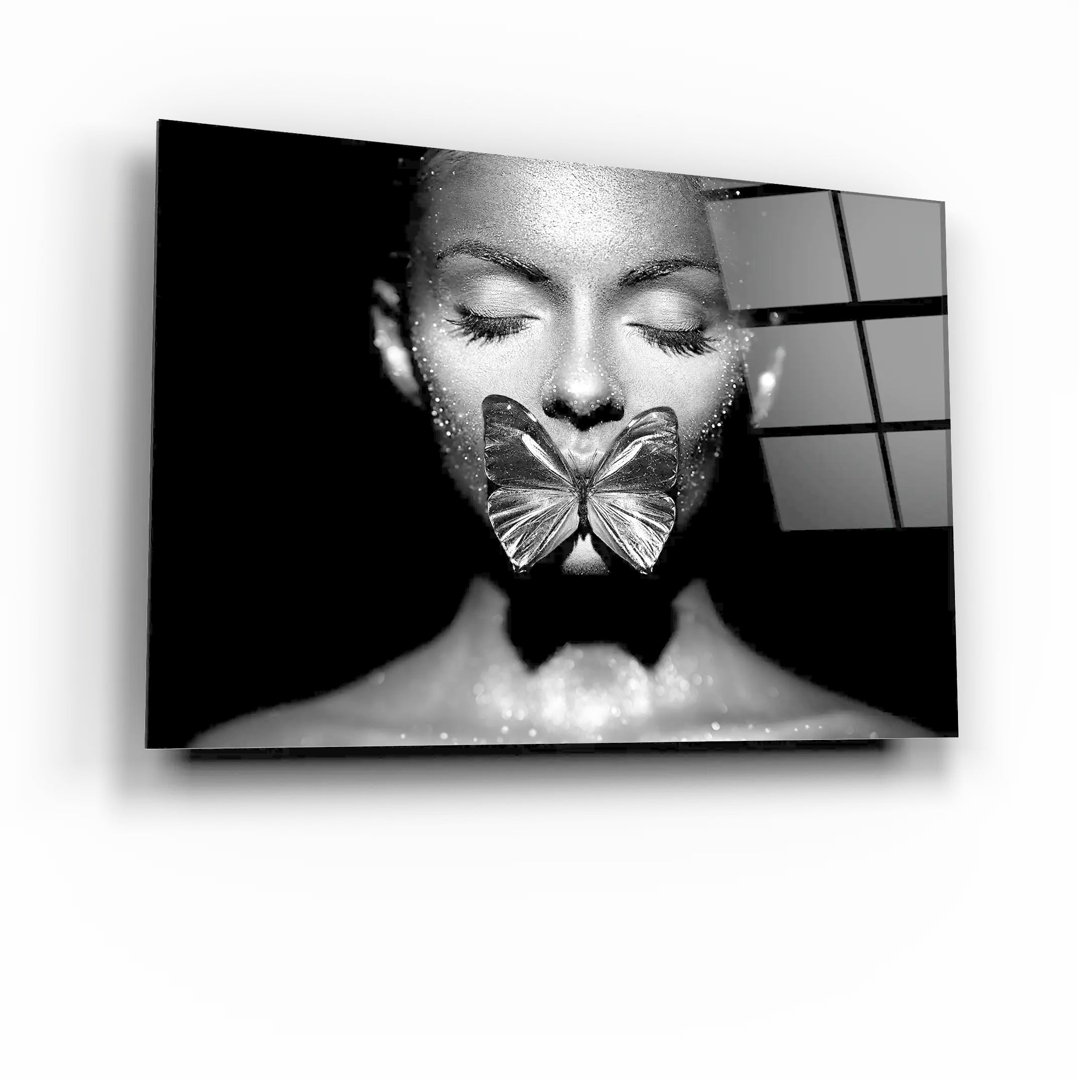 Woman with Butterfly Glass Printing Wall Art