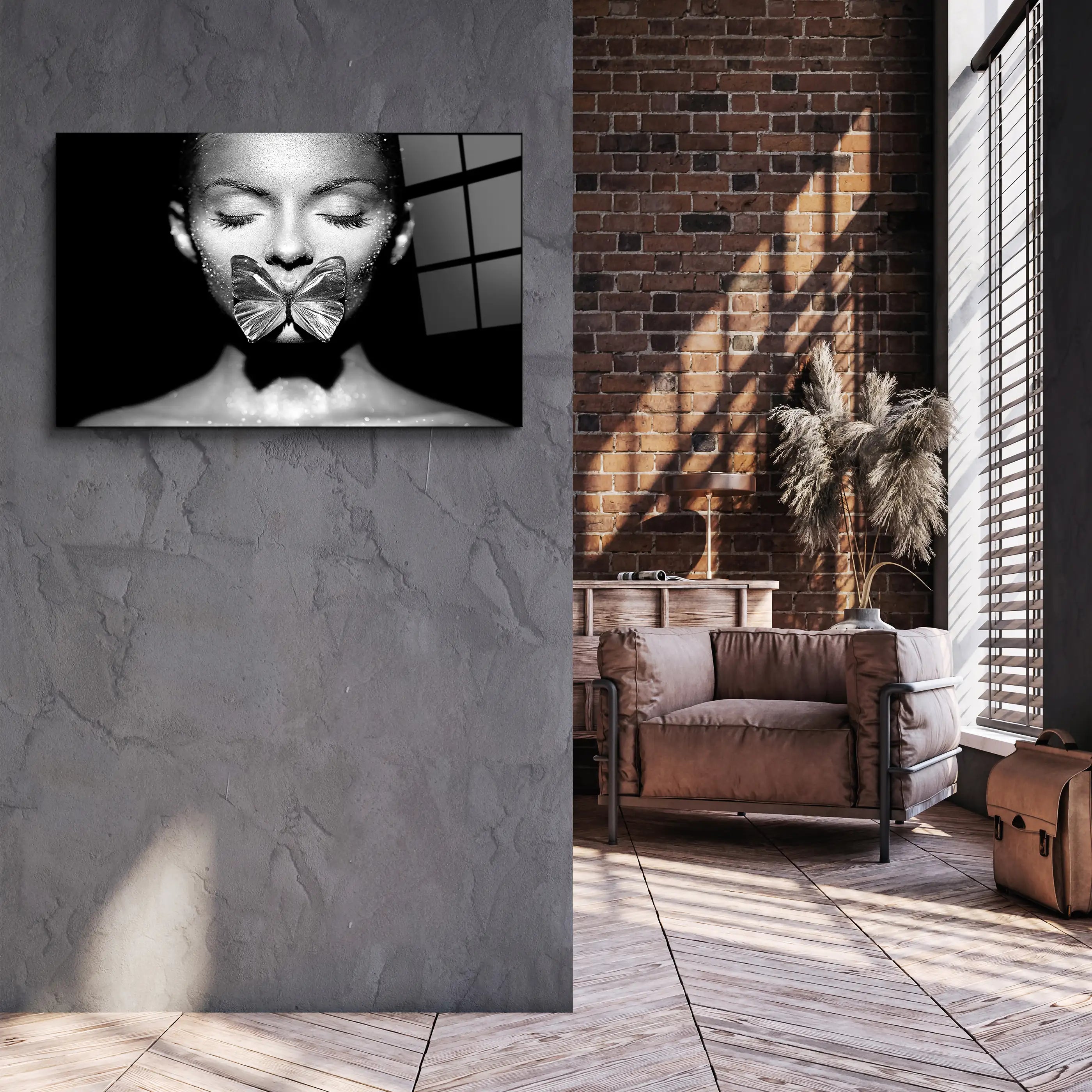 Woman with Butterfly Glass Printing Wall Art