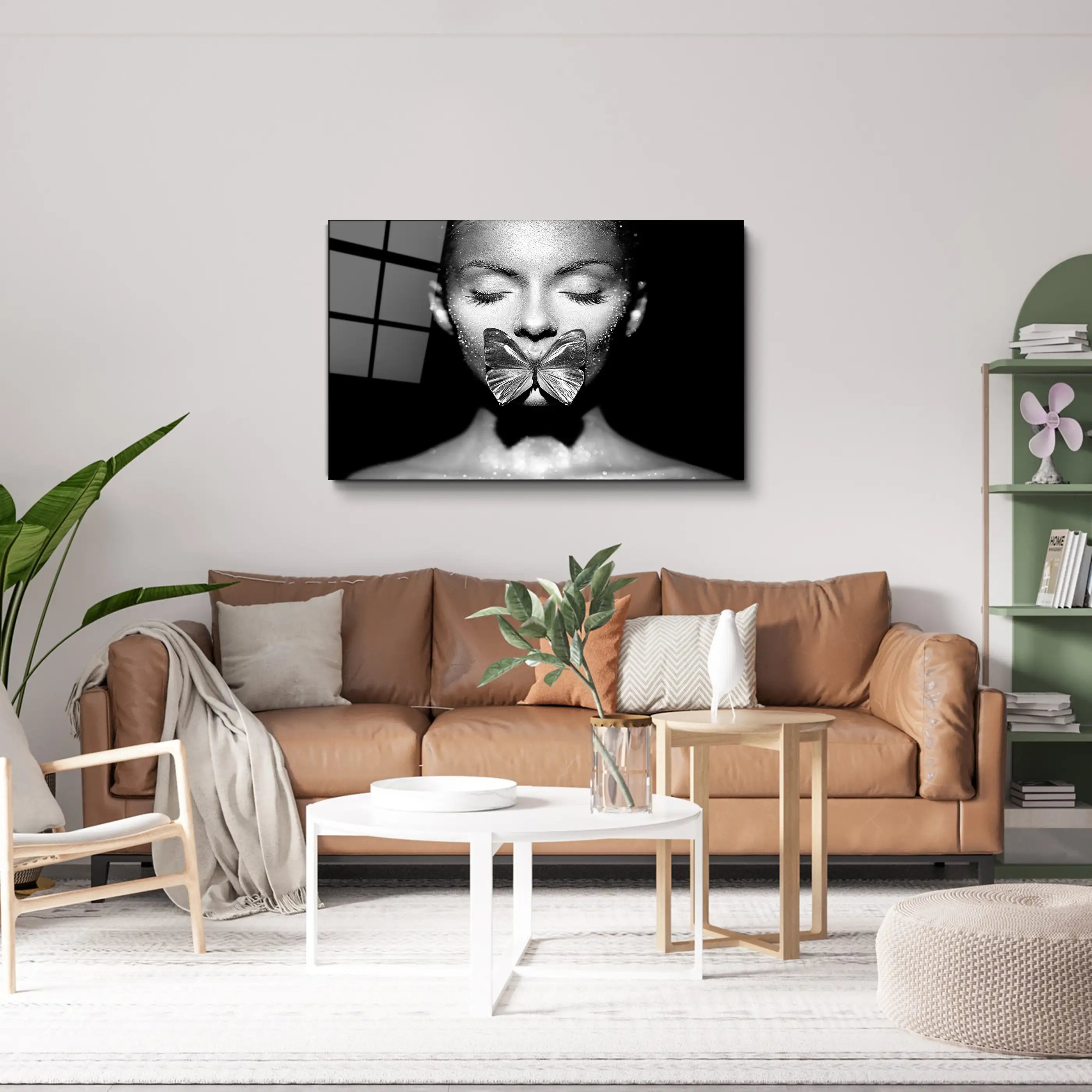 Woman with Butterfly Glass Printing Wall Art