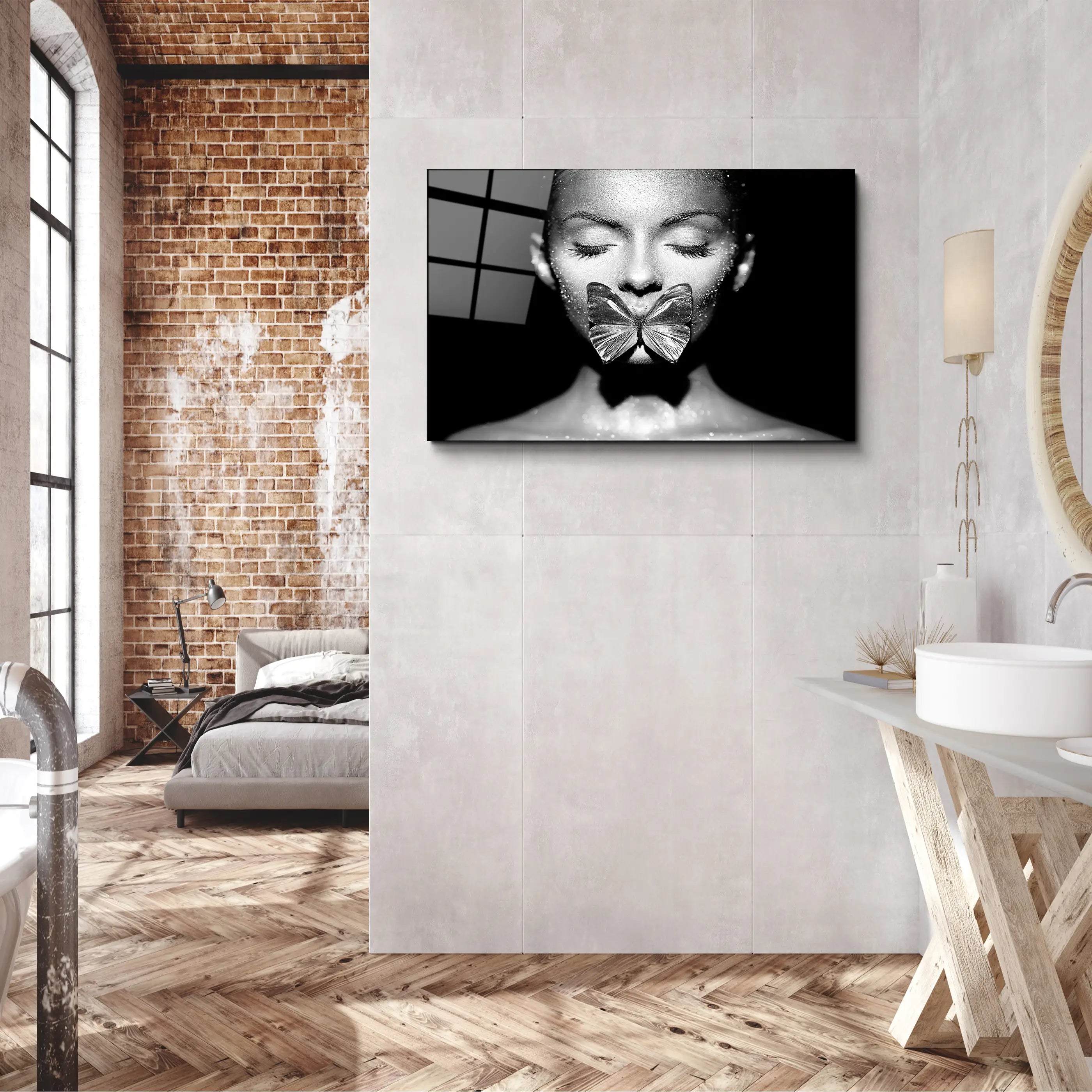 Woman with Butterfly Glass Printing Wall Art
