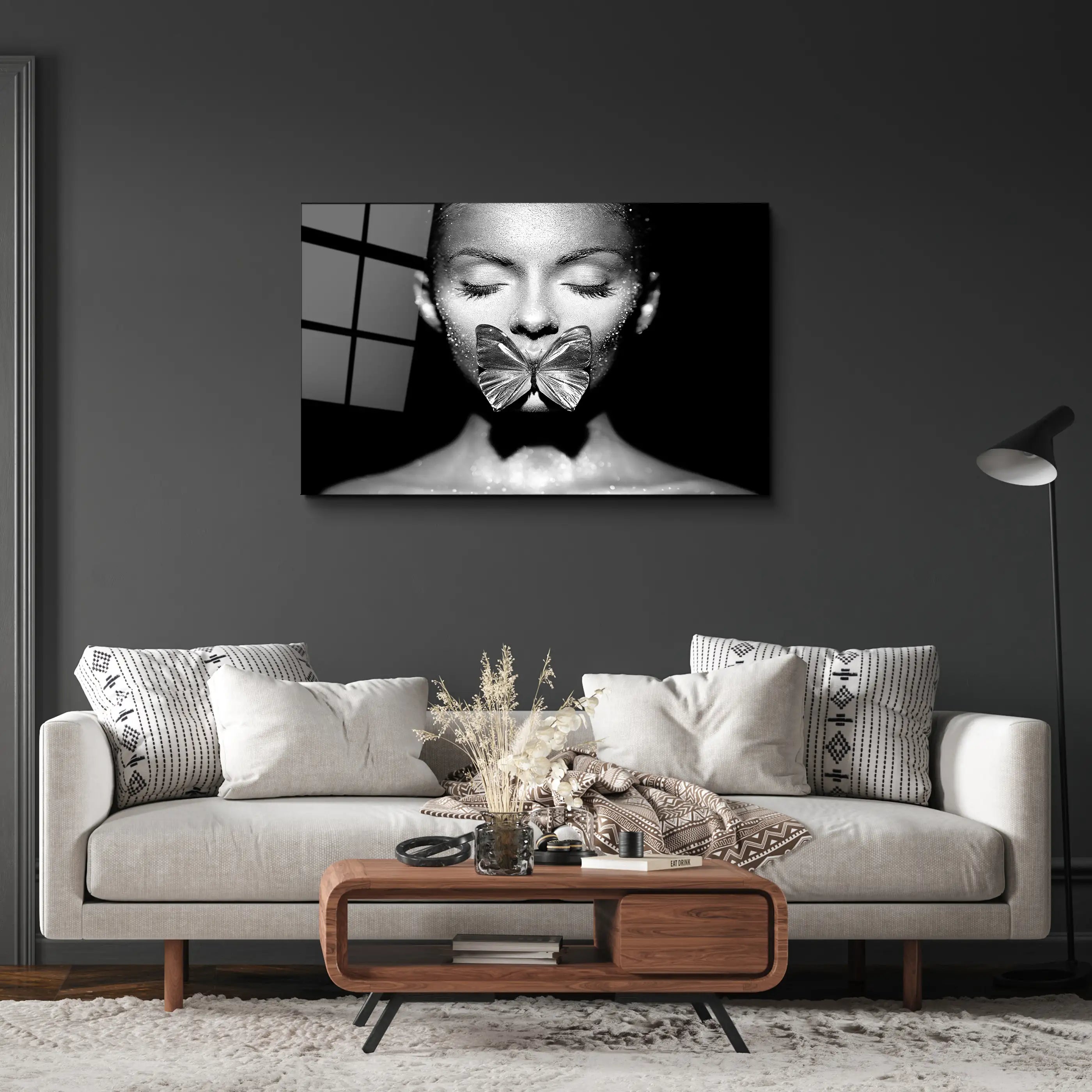 Woman with Butterfly Glass Printing Wall Art