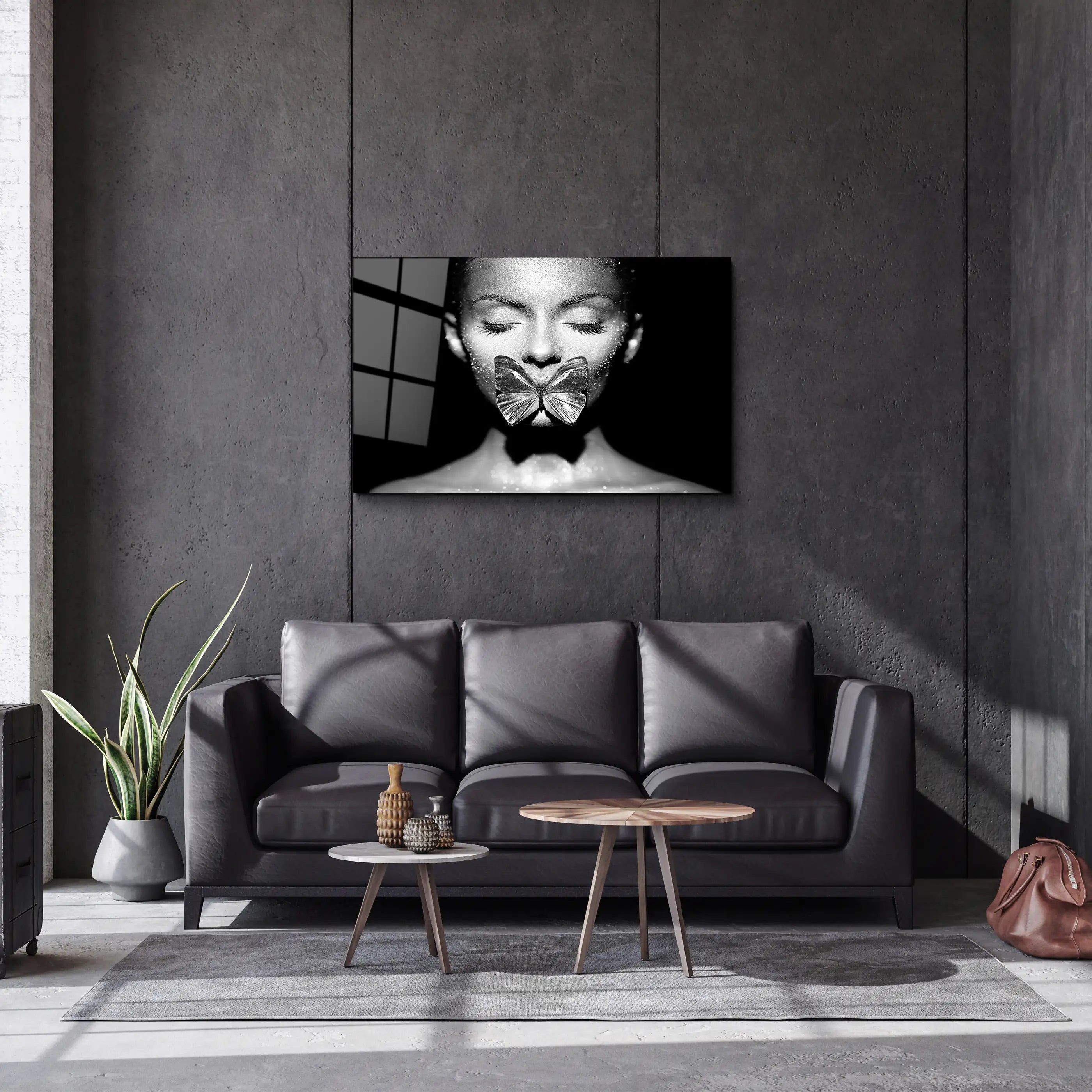 Woman with Butterfly Glass Printing Wall Art