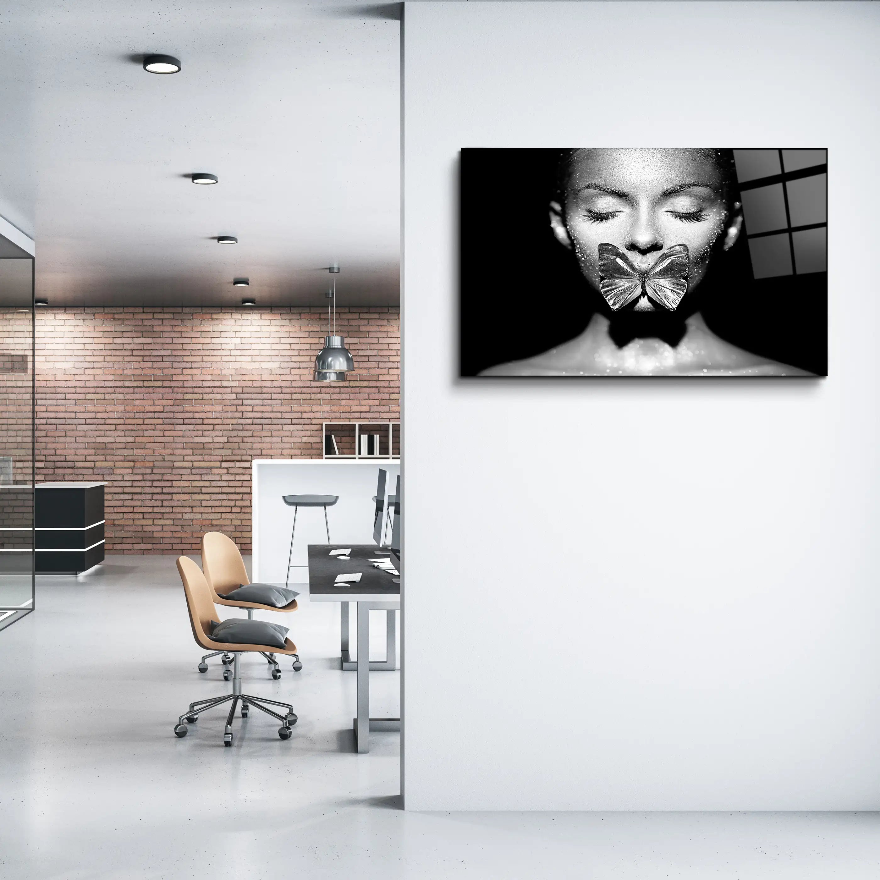 Woman with Butterfly Glass Printing Wall Art