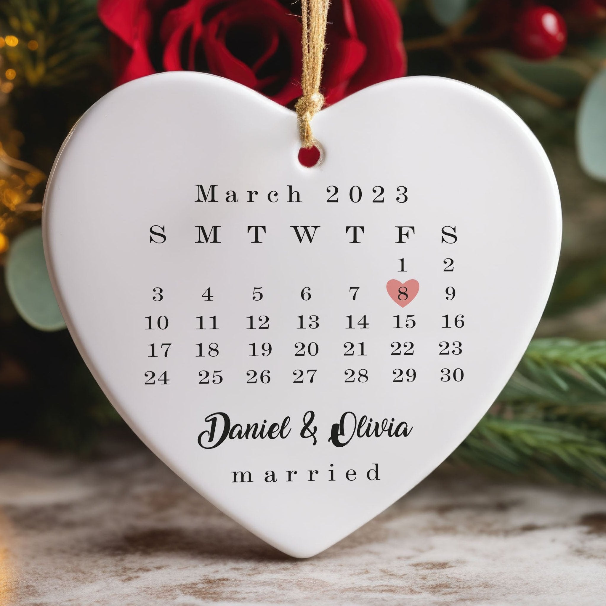 Married Ornament - Wedding Gift, Wedding Date Ornament, Heart Calendar, Anniversary Gift, Our First Christmas, Newlywed Gift