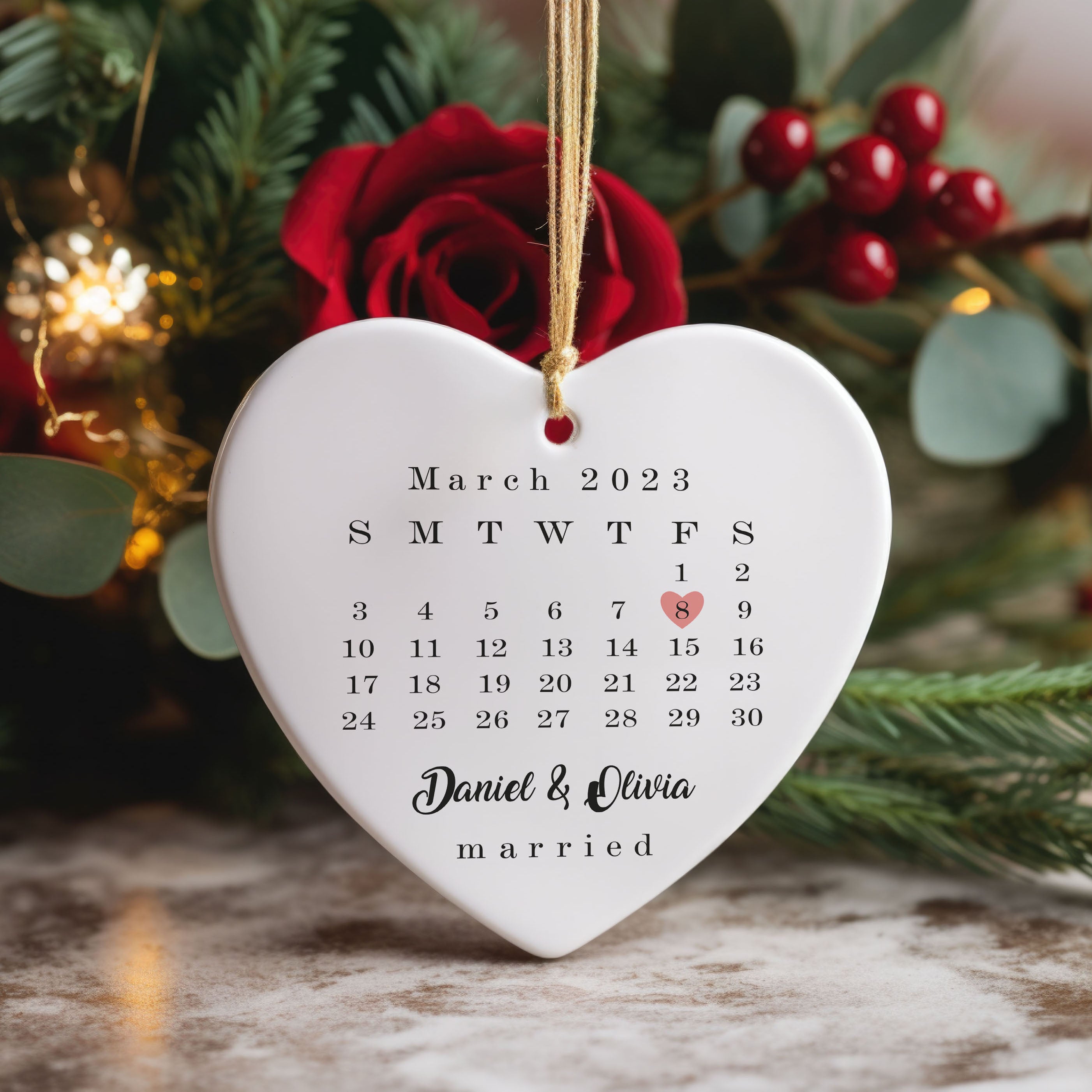 Married Ornament - Wedding Gift, Wedding Date Ornament, Heart Calendar, Anniversary Gift, Our First Christmas, Newlywed Gift