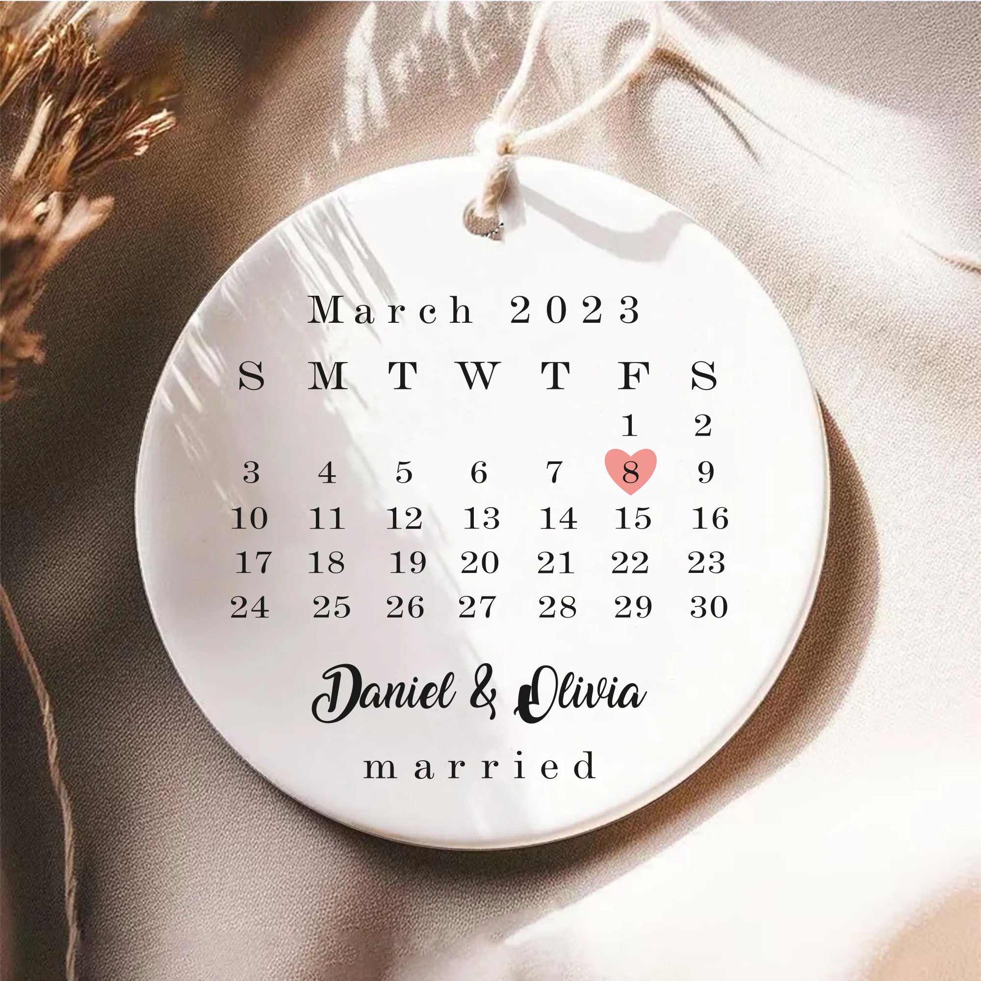 Married Ornament - Wedding Gift, Wedding Date Ornament, Heart Calendar, Anniversary Gift, Our First Christmas, Newlywed Gift