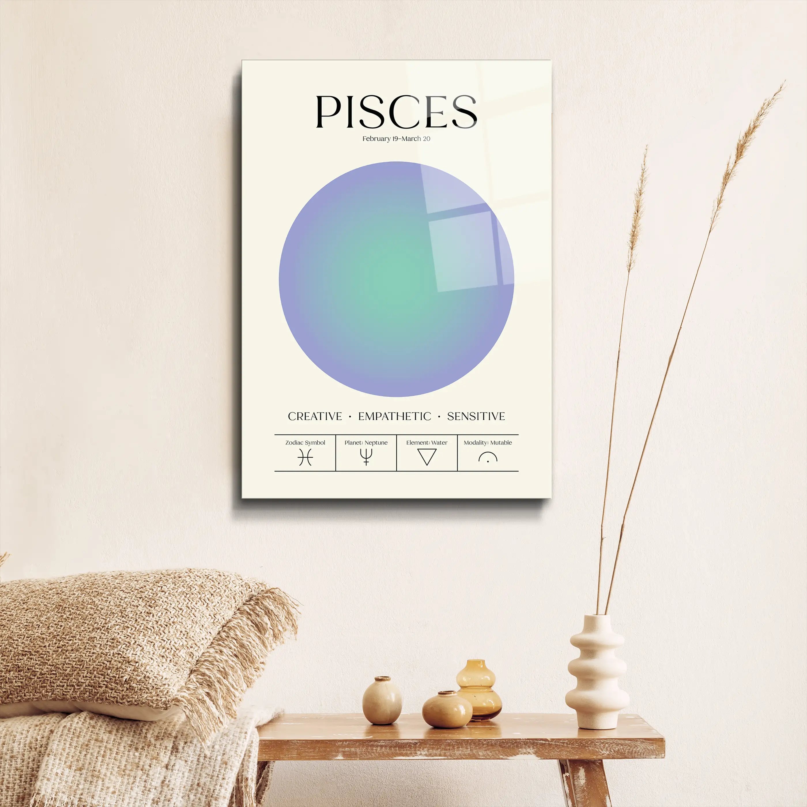 "Pisces Aura Energy" Glass Wall Art, Retro Zodiac