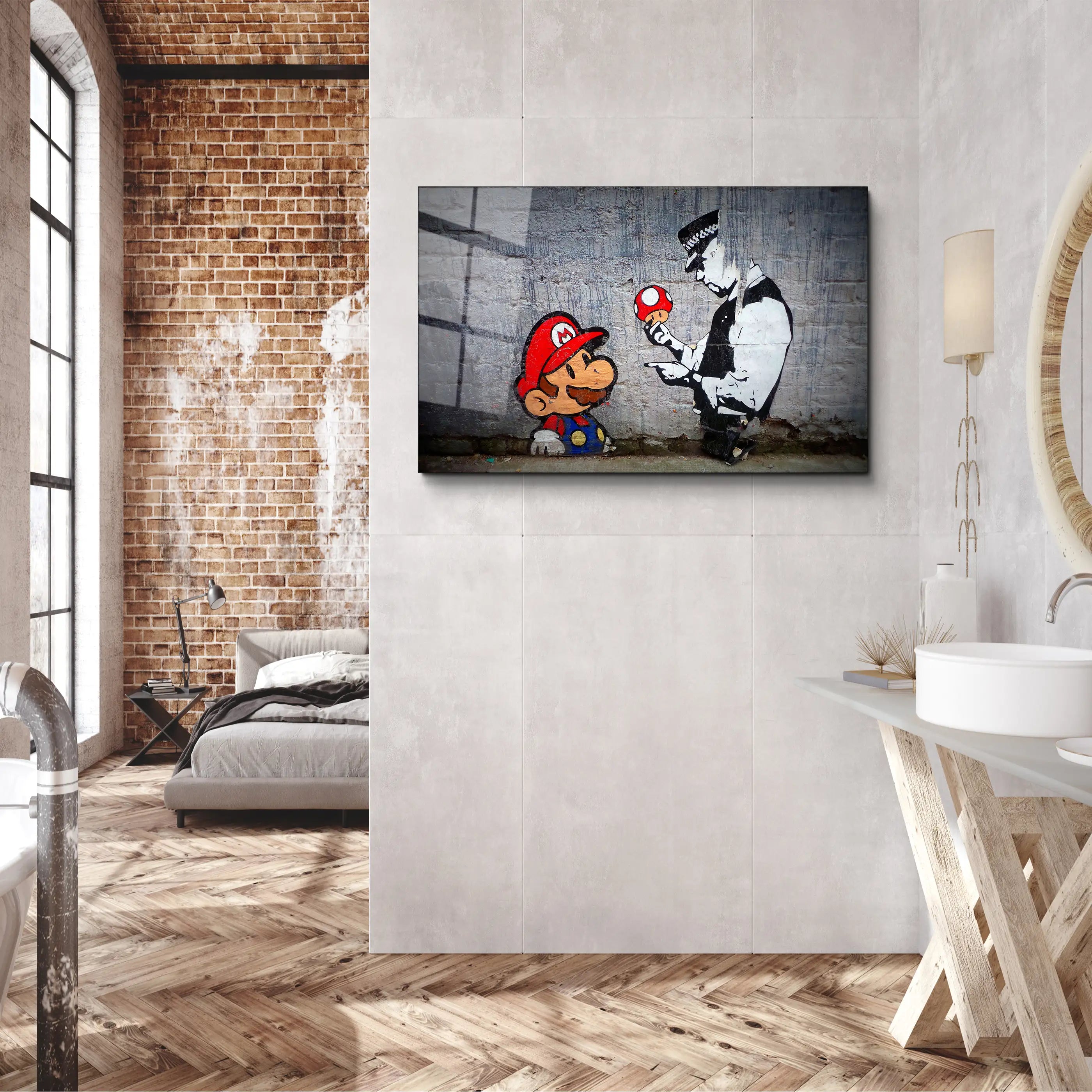 Banksy Mario with a Policeman 01 Glass Printing Wall Art