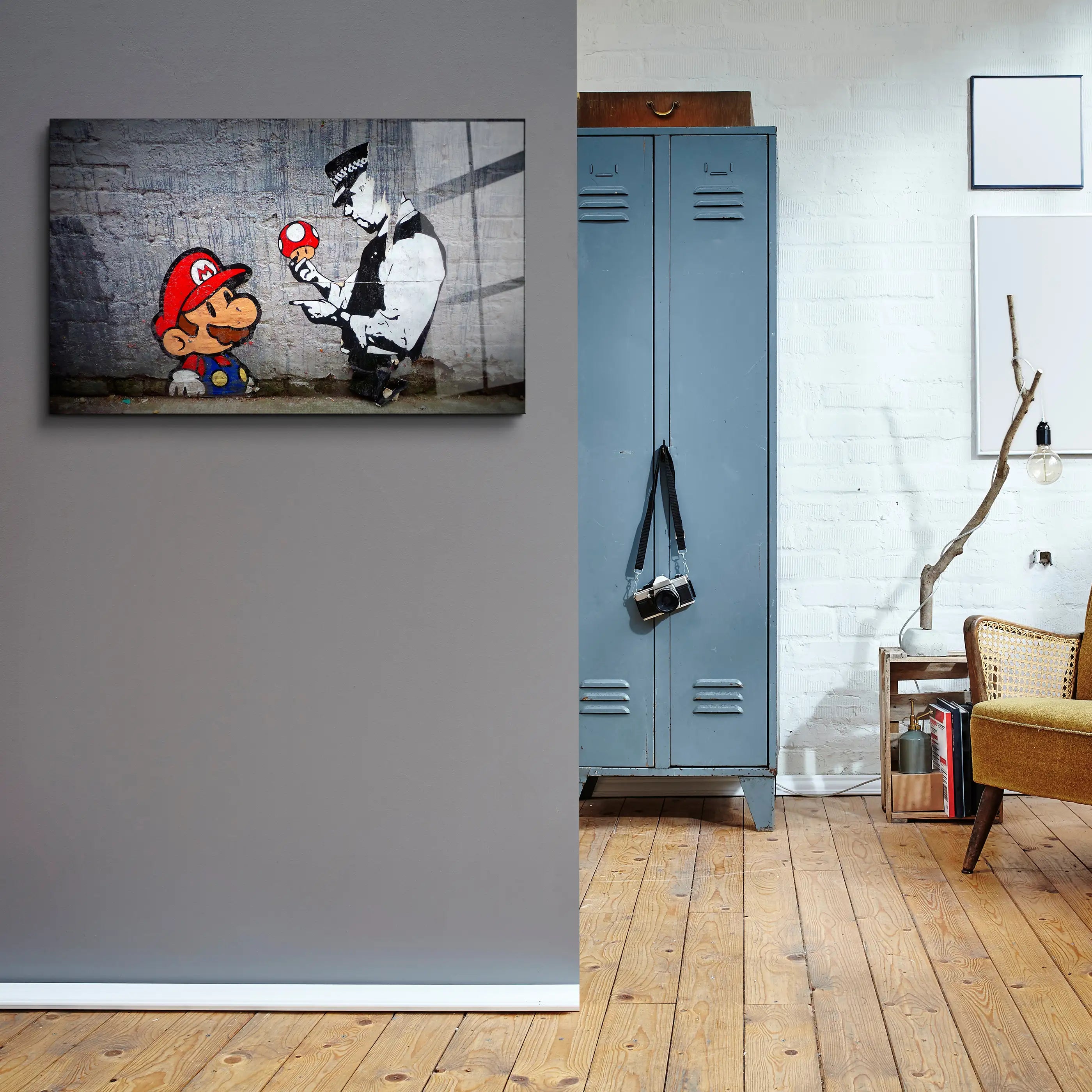 Banksy Mario with a Policeman 01 Glass Printing Wall Art