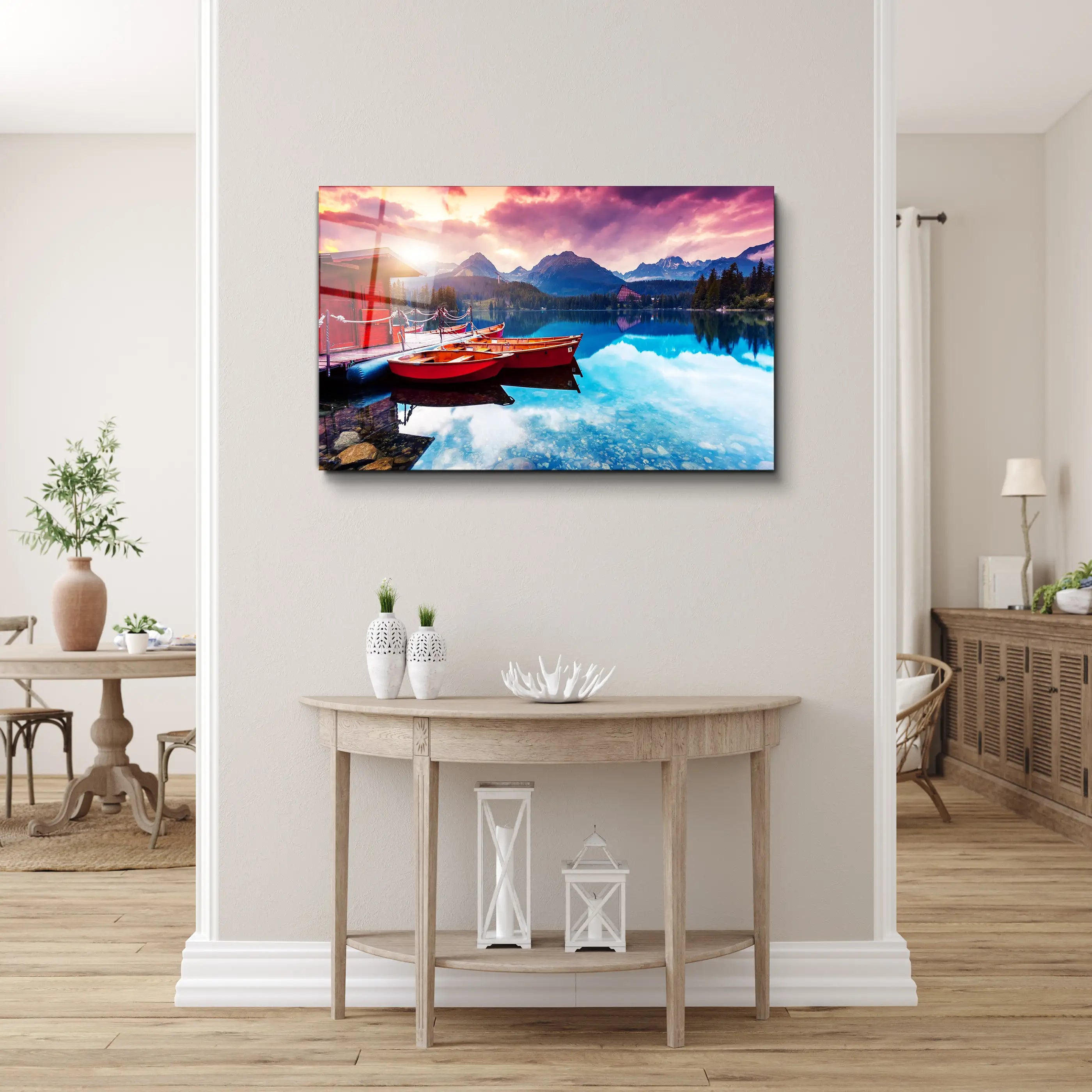 Sunrise Nature Lake Mountain Scenery Glass Wall Art, Picture Made of Glass