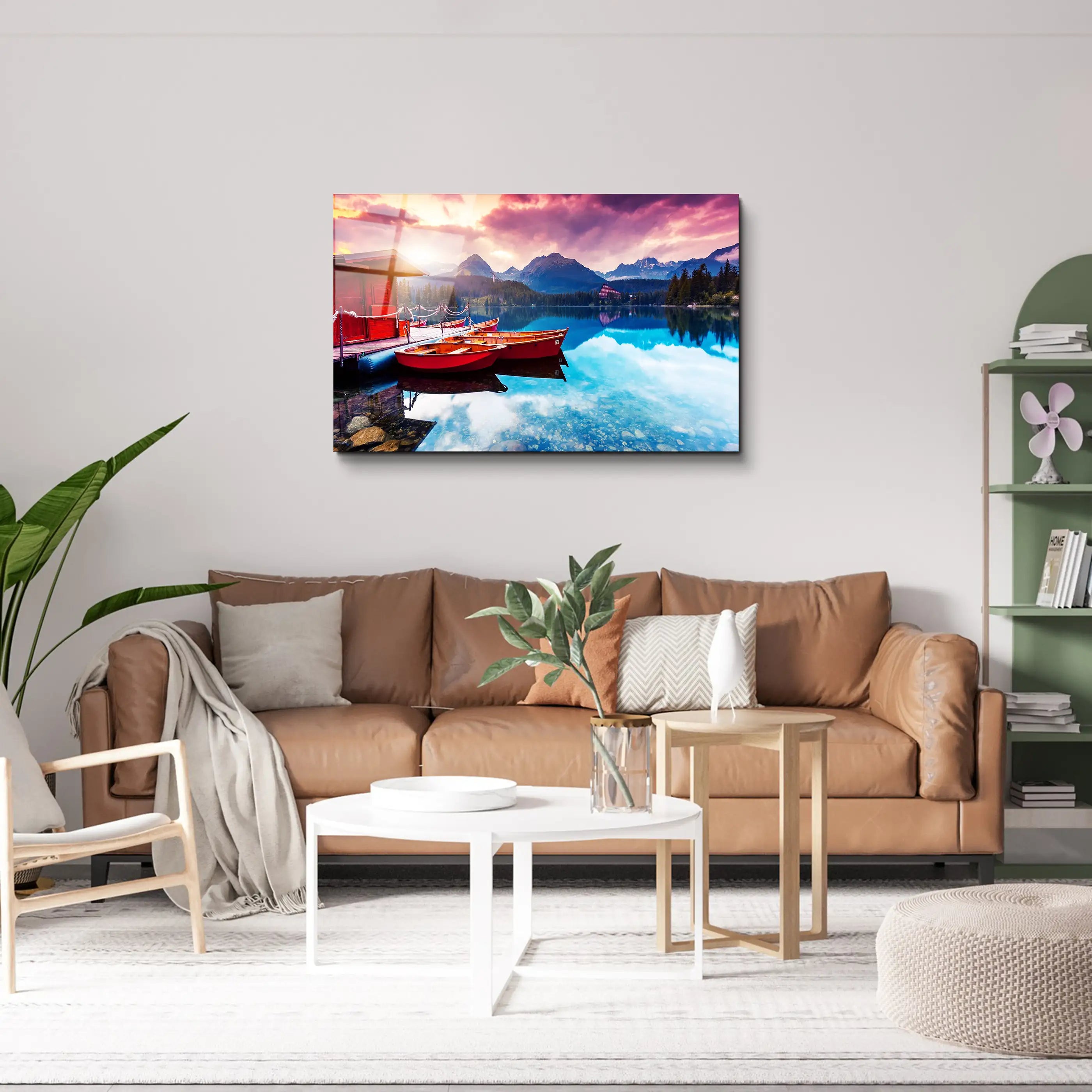 Sunrise Nature Lake Mountain Scenery Glass Wall Art, Picture Made of Glass