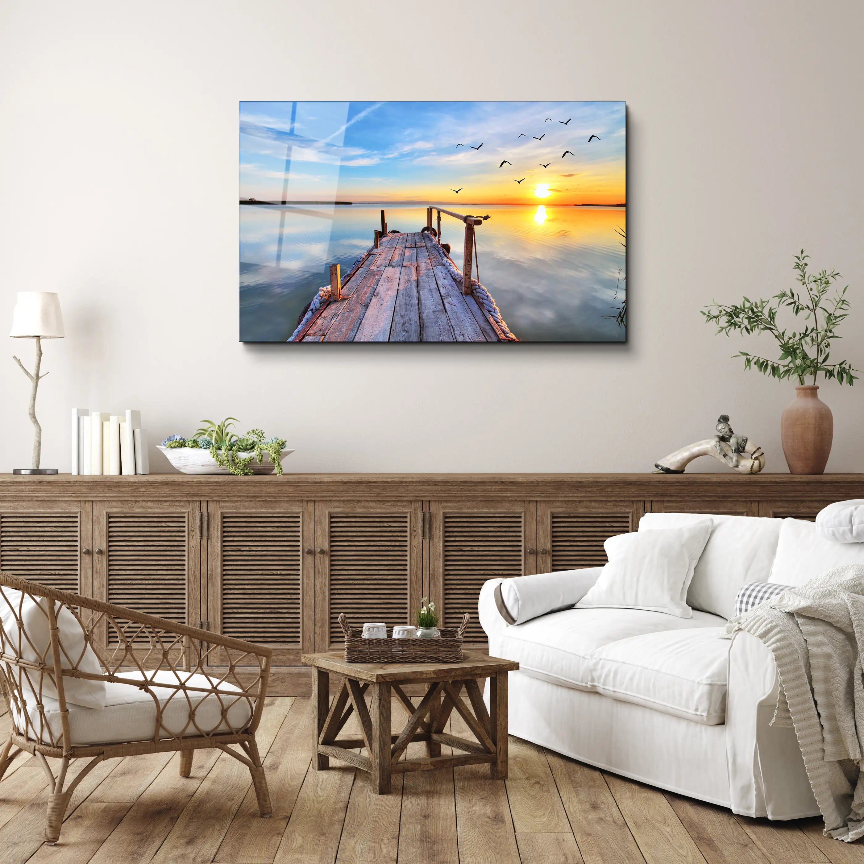 Sunrise Shining at a Pier Glass Wall Art, Picture Made of Glass