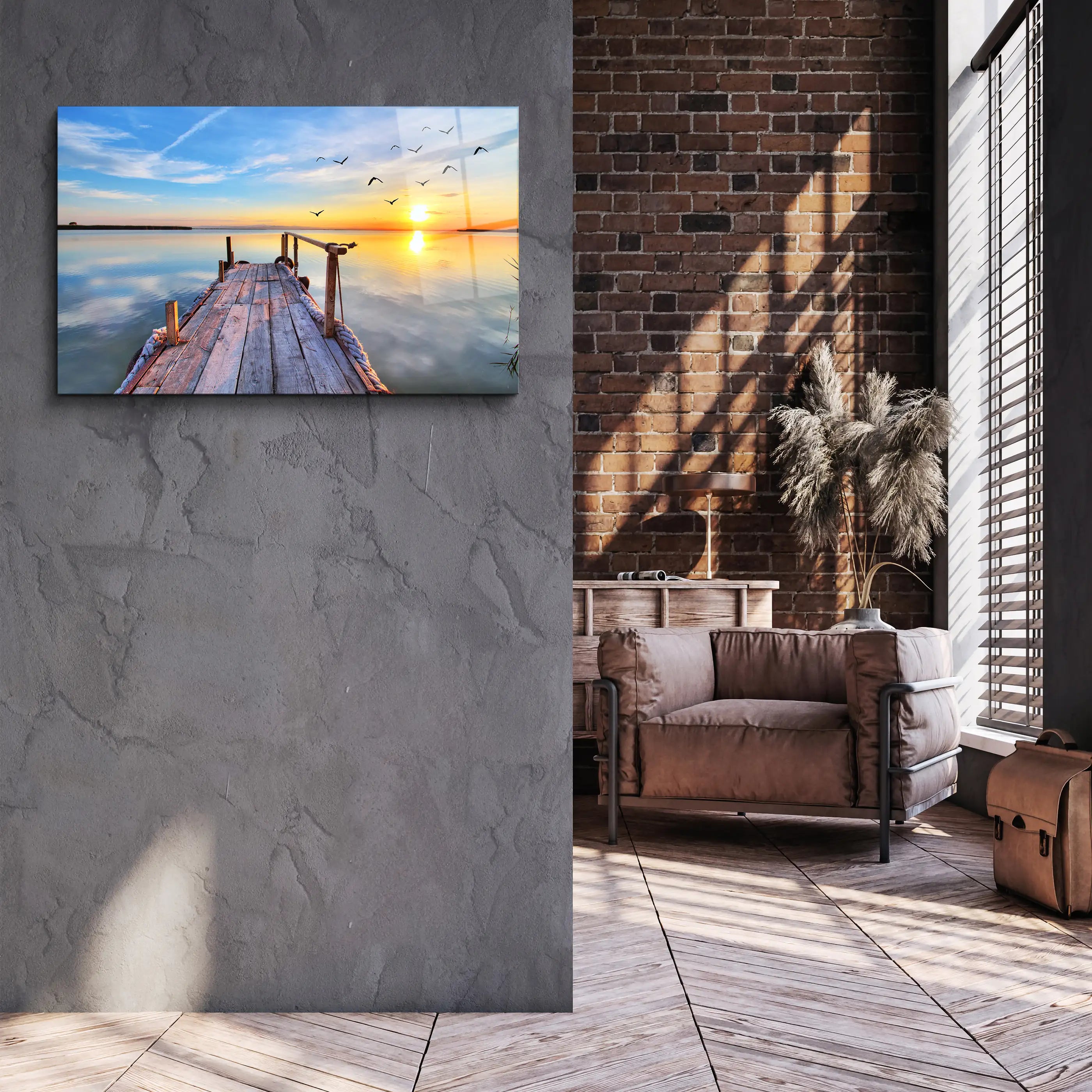 Sunrise Shining at a Pier Glass Wall Art, Picture Made of Glass